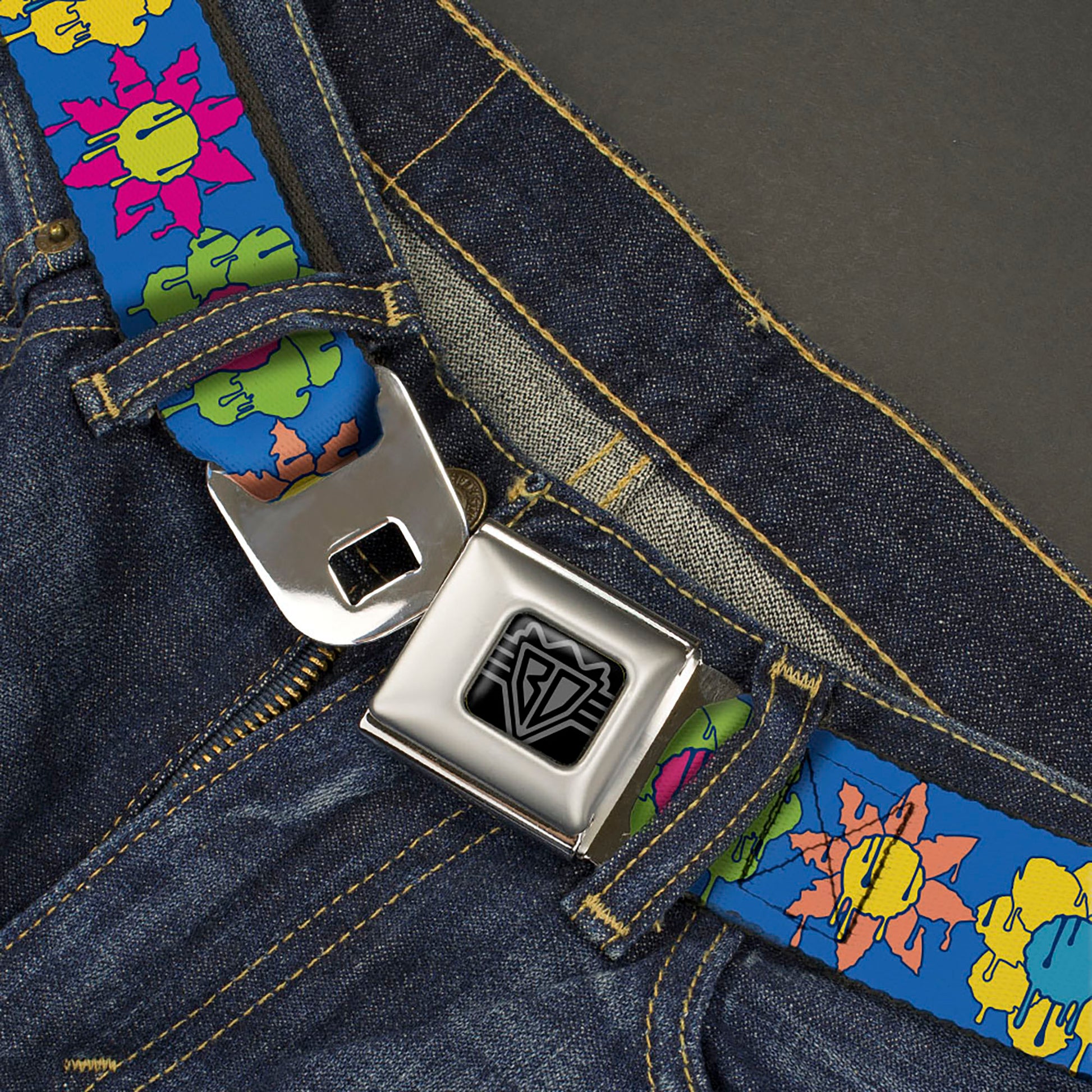 BD Wings Logo CLOSE-UP Black/Silver Seatbelt Belt - Funky Flower Drip Blue/Multi Color Webbing Seatbelt Belts Buckle-Down
