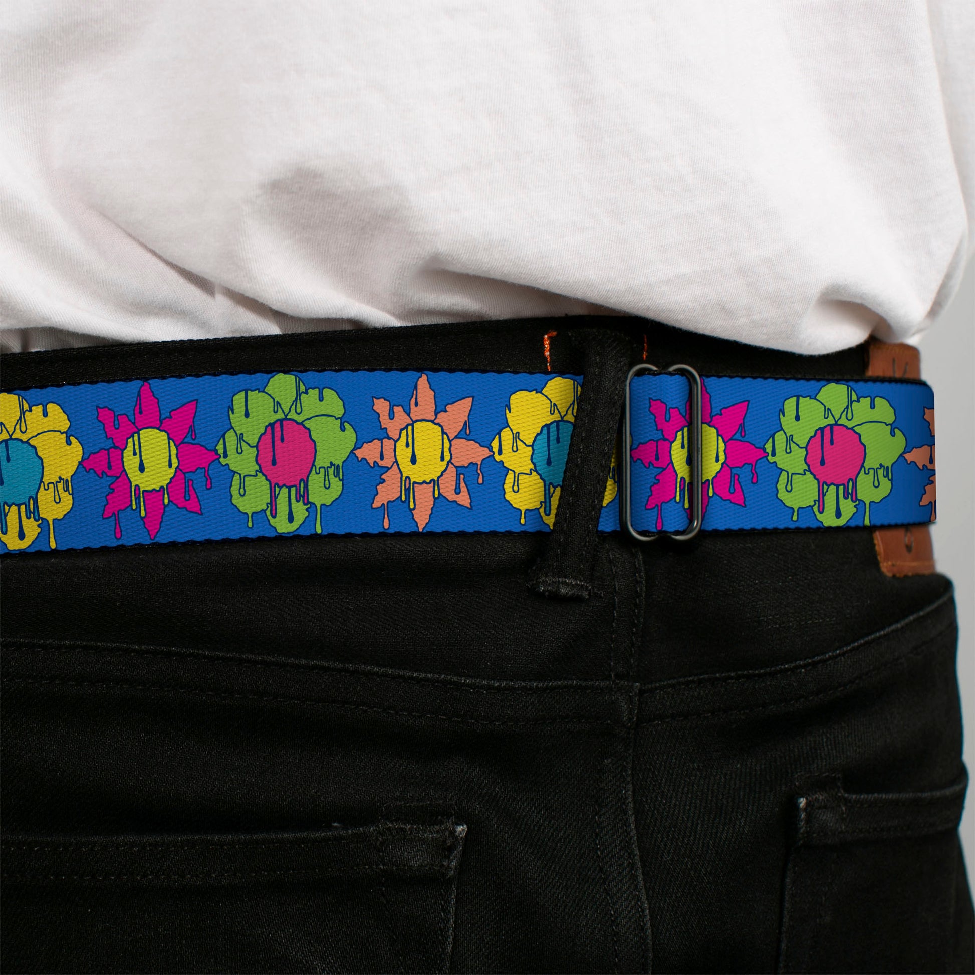 BD Wings Logo CLOSE-UP Black/Silver Seatbelt Belt - Funky Flower Drip Blue/Multi Color Webbing Seatbelt Belts Buckle-Down