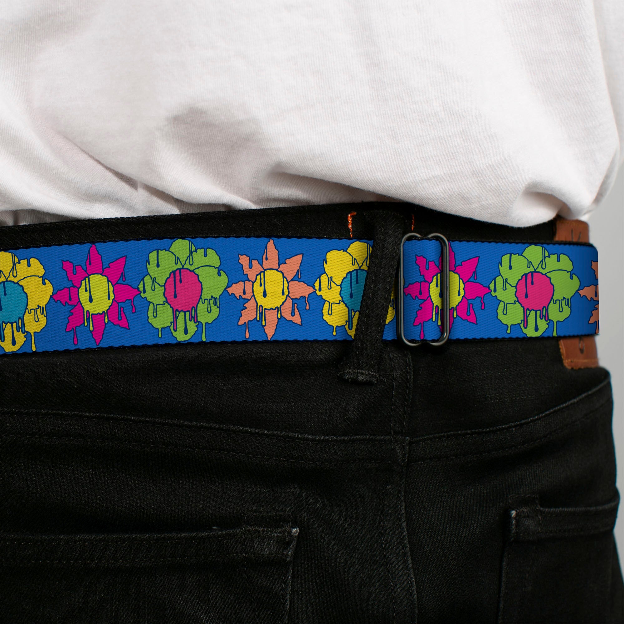 BD Wings Logo CLOSE-UP Black/Silver Seatbelt Belt - Funky Flower Drip Blue/Multi Color Webbing Seatbelt Belts Buckle-Down