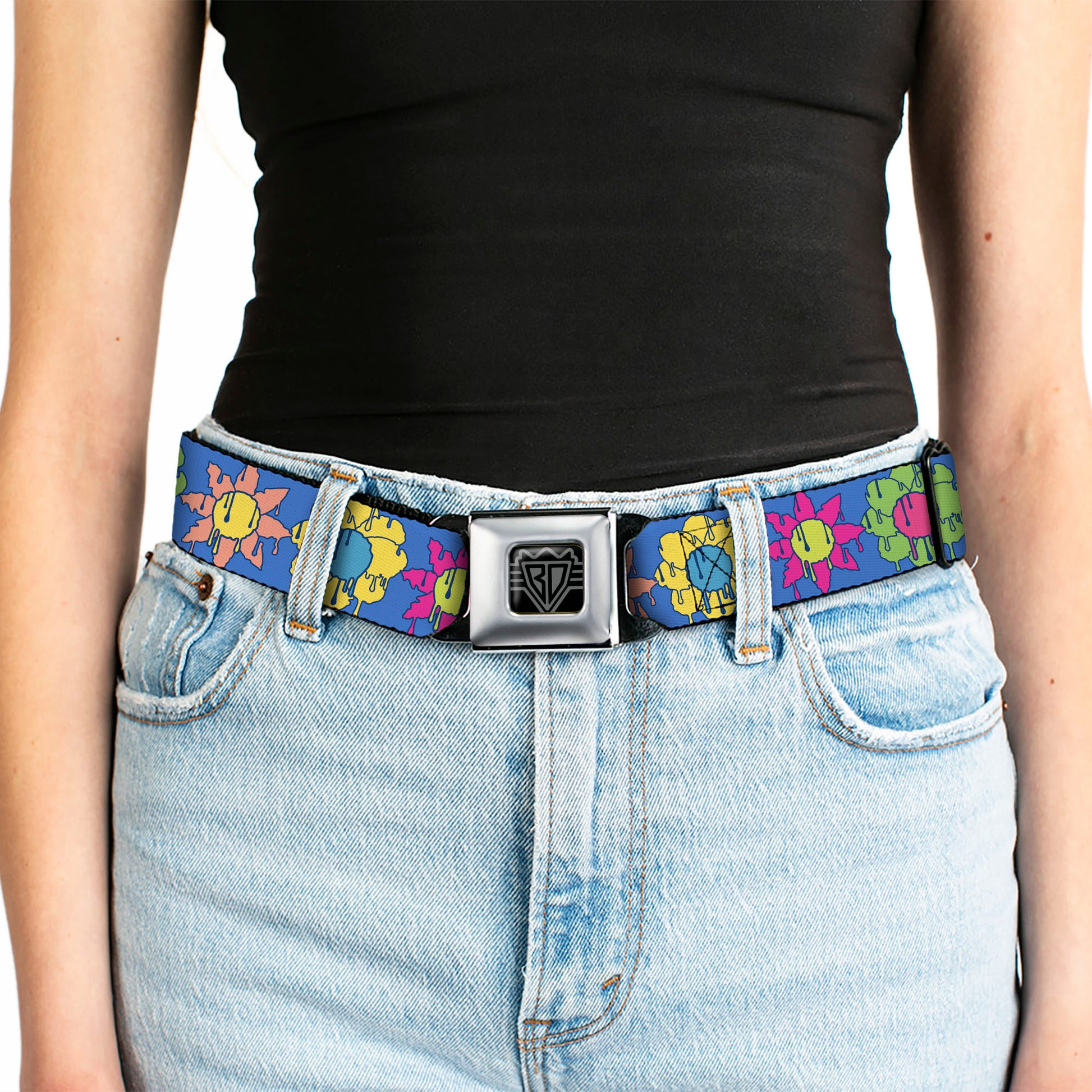 BD Wings Logo CLOSE-UP Black/Silver Seatbelt Belt - Funky Flower Drip Blue/Multi Color Webbing Seatbelt Belts Buckle-Down