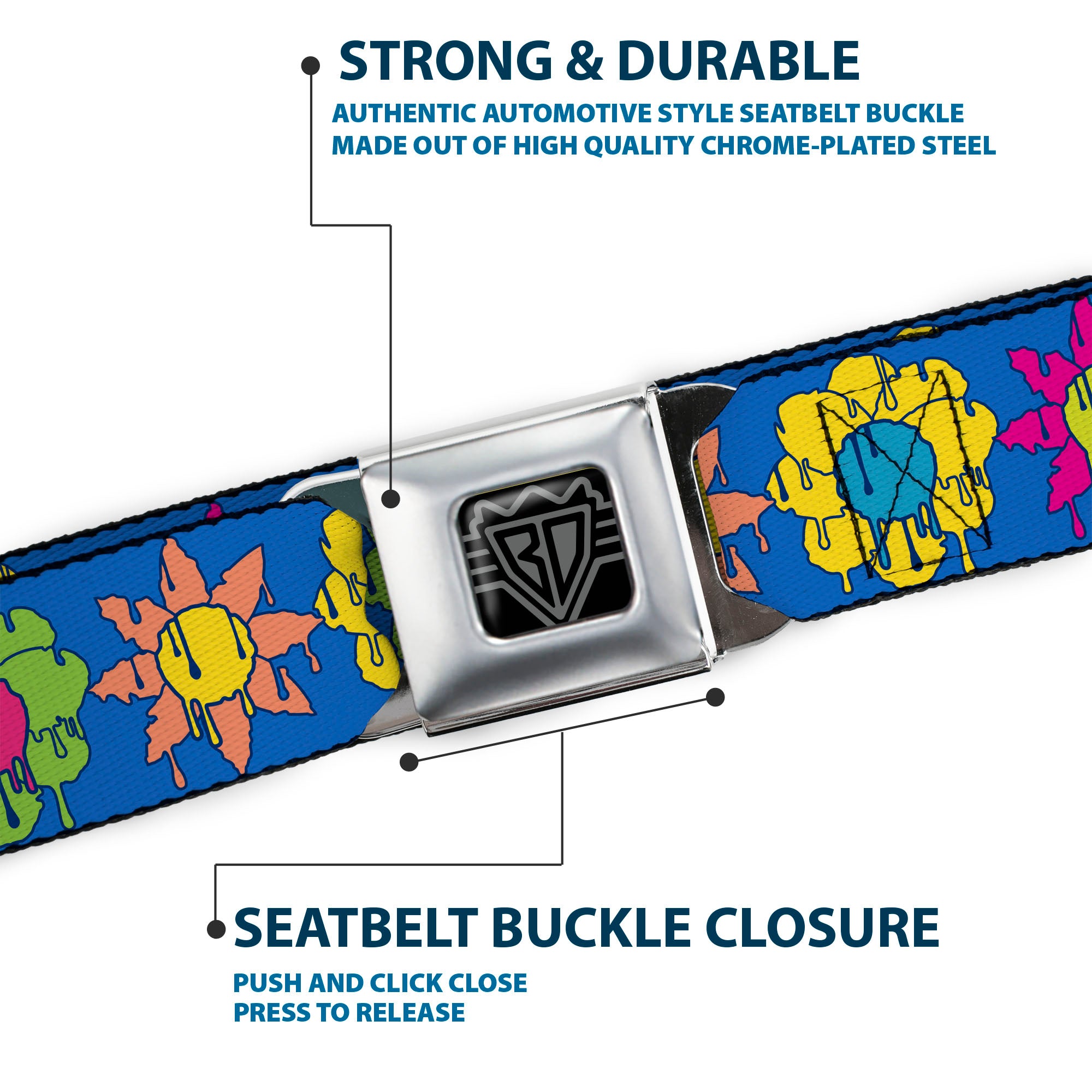 BD Wings Logo CLOSE-UP Black/Silver Seatbelt Belt - Funky Flower Drip Blue/Multi Color Webbing Seatbelt Belts Buckle-Down