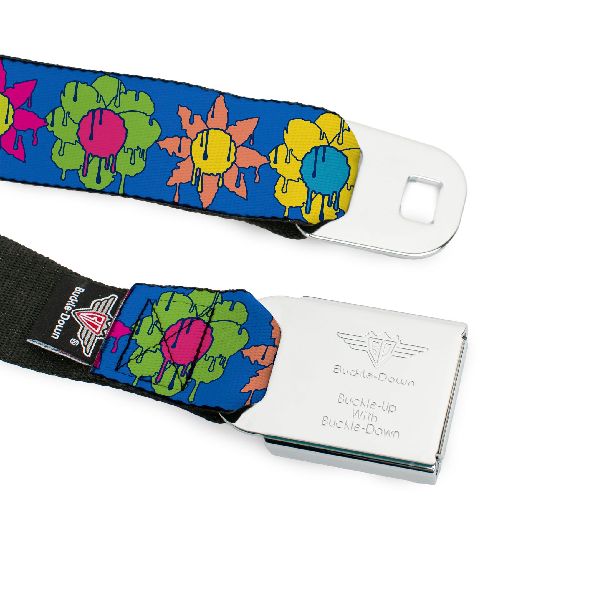 BD Wings Logo CLOSE-UP Black/Silver Seatbelt Belt - Funky Flower Drip Blue/Multi Color Webbing Seatbelt Belts Buckle-Down
