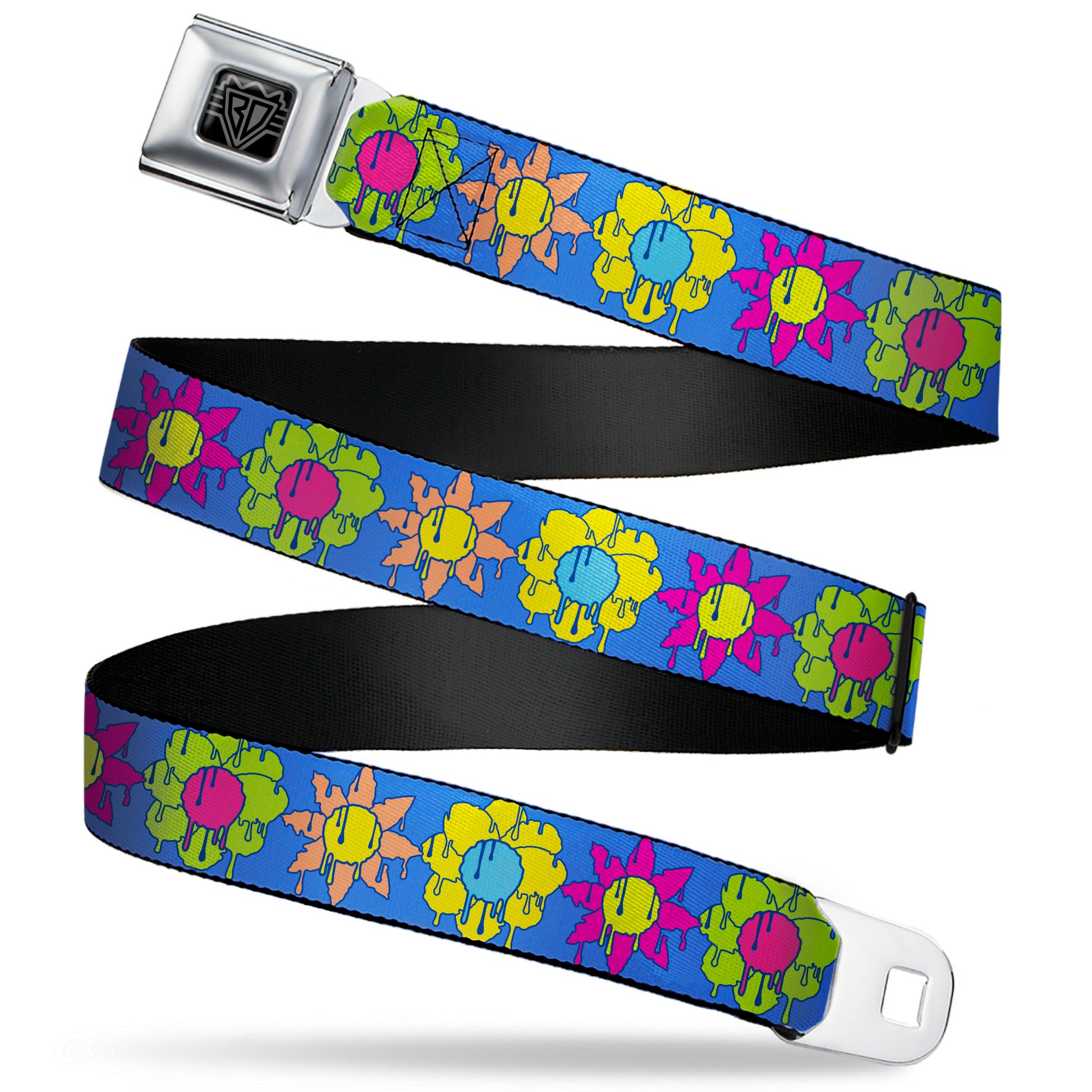 BD Wings Logo CLOSE-UP Black/Silver Seatbelt Belt - Funky Flower Drip Blue/Multi Color Webbing Seatbelt Belts Buckle-Down