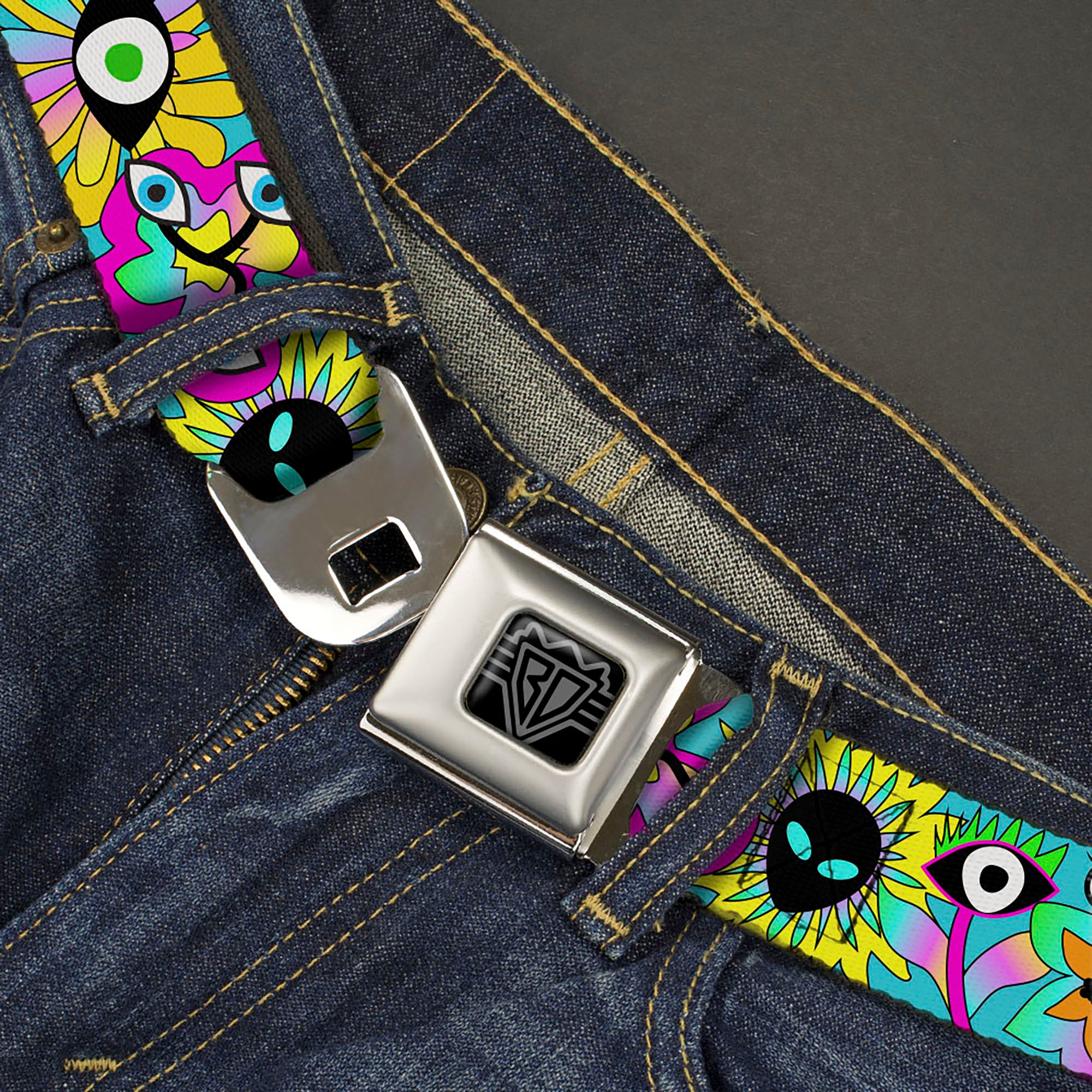 BD Wings Logo CLOSE-UP Black/Silver Seatbelt Belt - Funky Alien Flowers Aqua Blue/Multi Color Webbing Seatbelt Belts Buckle-Down