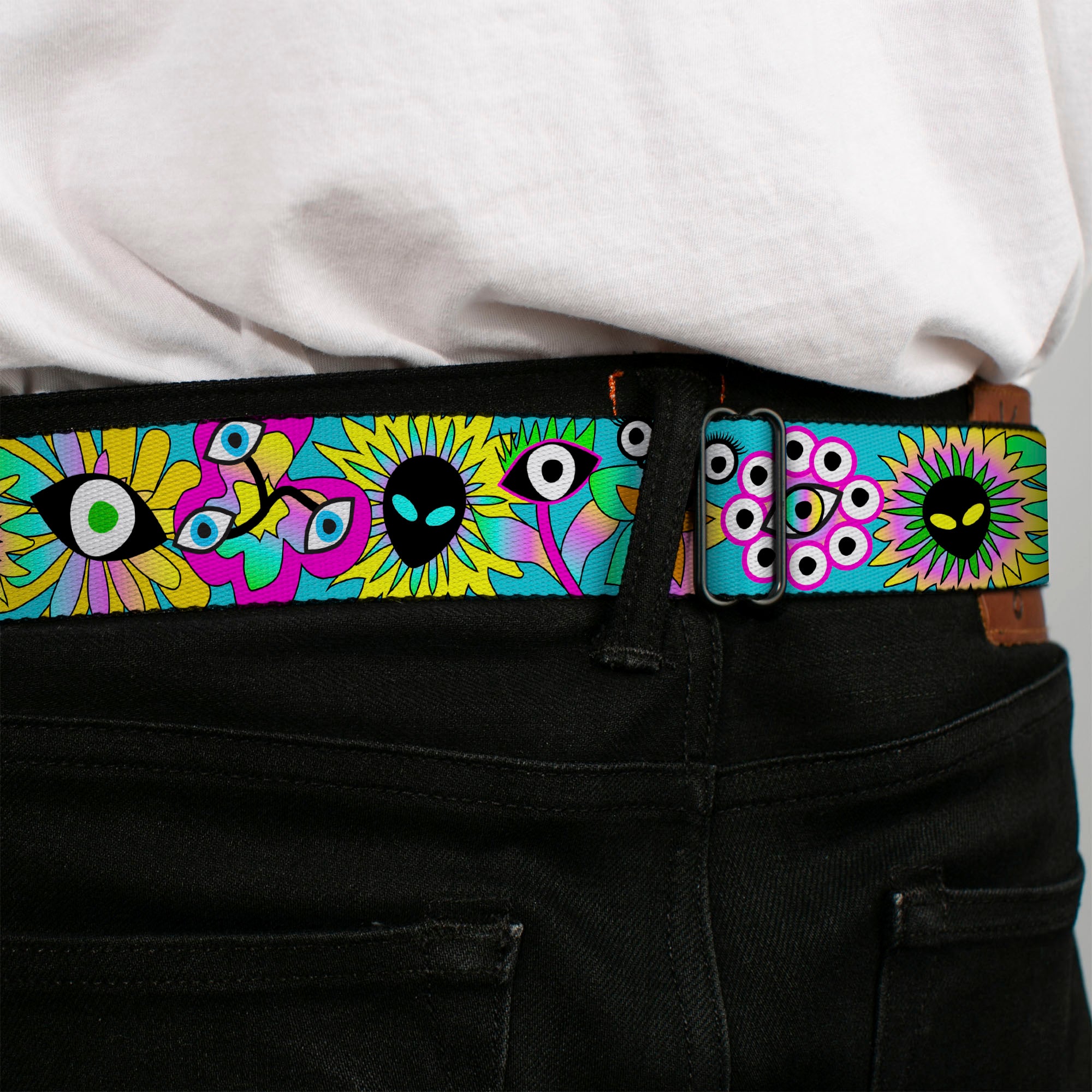 BD Wings Logo CLOSE-UP Black/Silver Seatbelt Belt - Funky Alien Flowers Aqua Blue/Multi Color Webbing Seatbelt Belts Buckle-Down