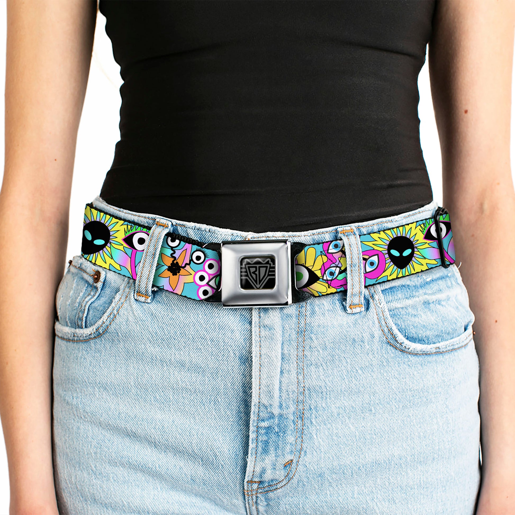 BD Wings Logo CLOSE-UP Black/Silver Seatbelt Belt - Funky Alien Flowers Aqua Blue/Multi Color Webbing Seatbelt Belts Buckle-Down