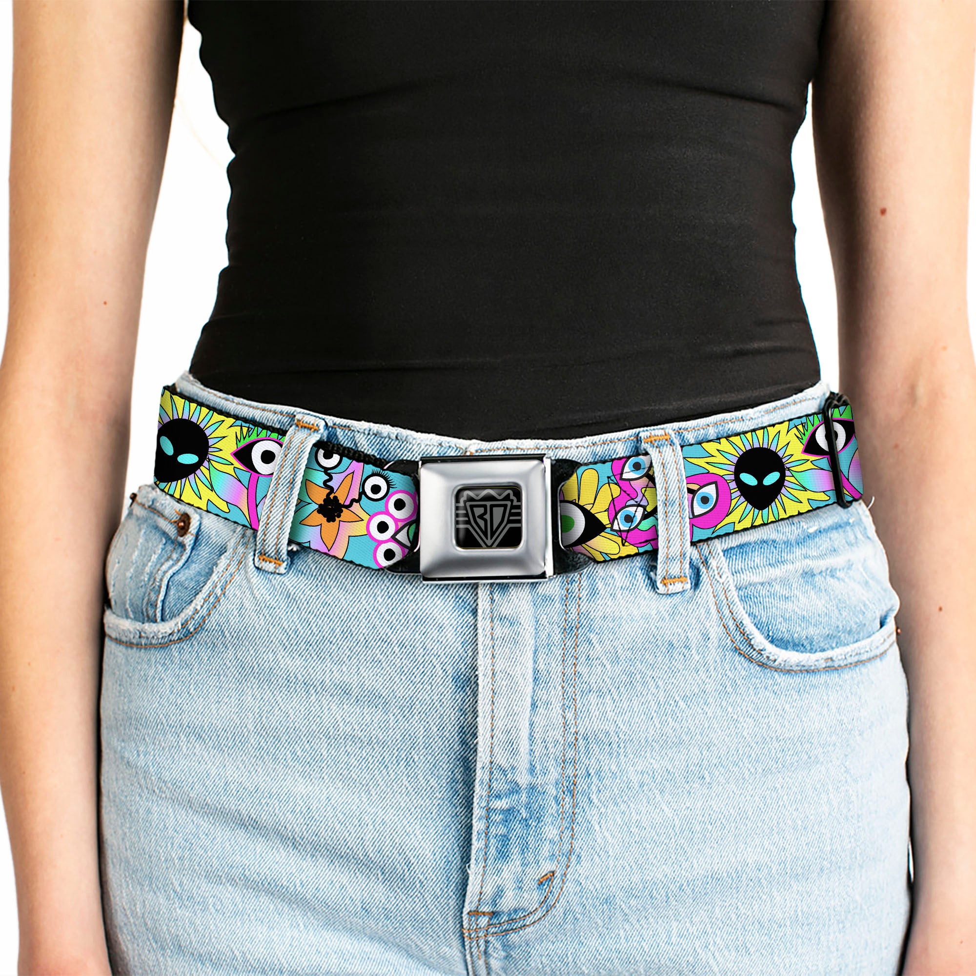 BD Wings Logo CLOSE-UP Black/Silver Seatbelt Belt - Funky Alien Flowers Aqua Blue/Multi Color Webbing Seatbelt Belts Buckle-Down