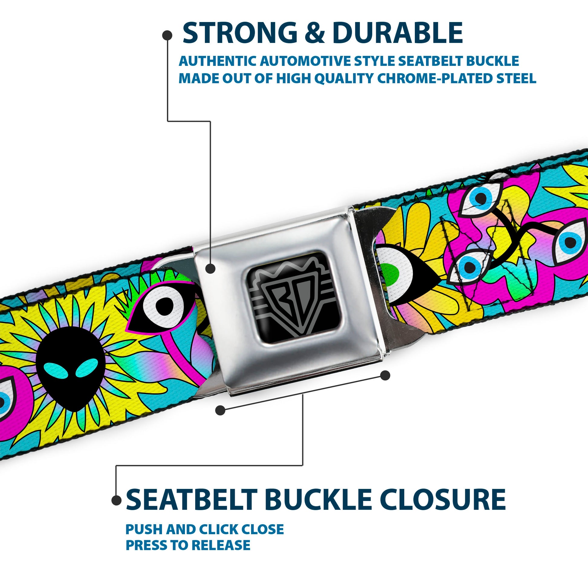 BD Wings Logo CLOSE-UP Black/Silver Seatbelt Belt - Funky Alien Flowers Aqua Blue/Multi Color Webbing Seatbelt Belts Buckle-Down