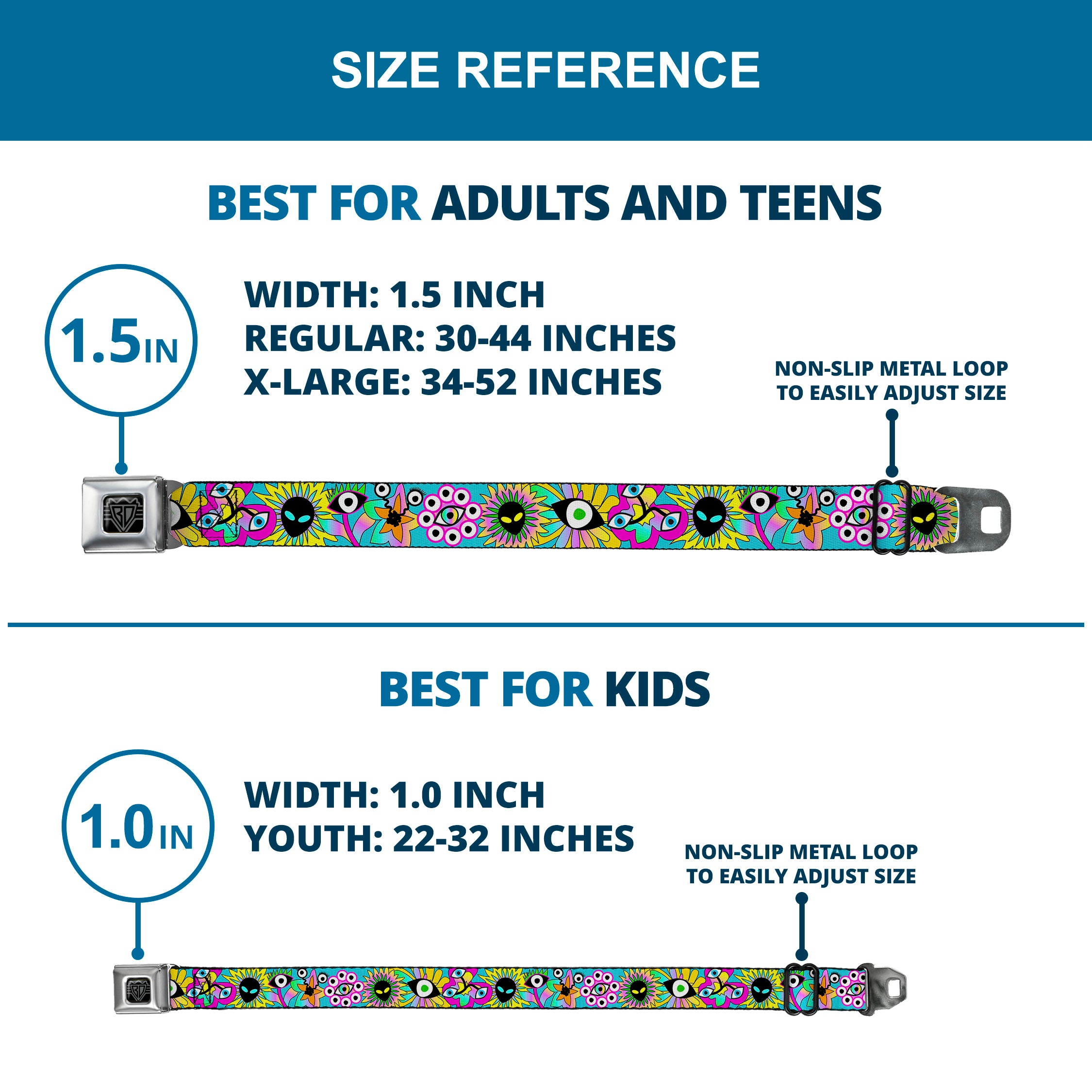 BD Wings Logo CLOSE-UP Black/Silver Seatbelt Belt - Funky Alien Flowers Aqua Blue/Multi Color Webbing Seatbelt Belts Buckle-Down