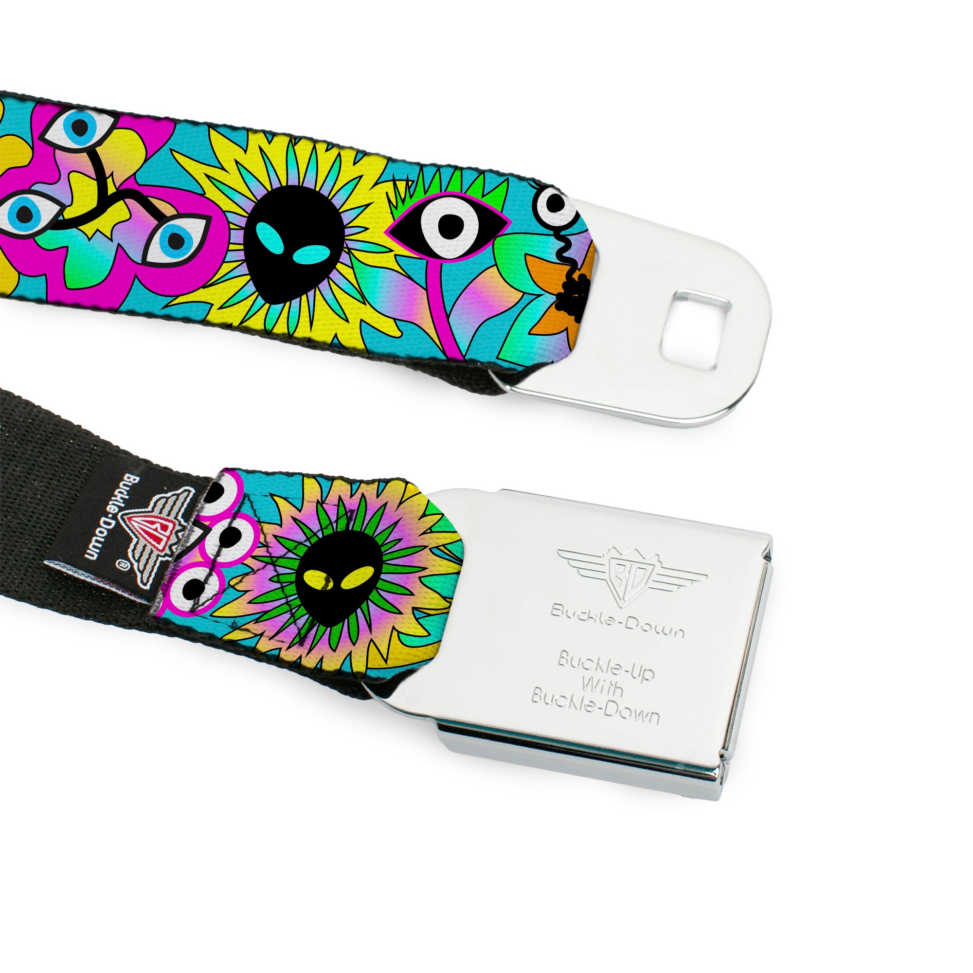 BD Wings Logo CLOSE-UP Black/Silver Seatbelt Belt - Funky Alien Flowers Aqua Blue/Multi Color Webbing Seatbelt Belts Buckle-Down