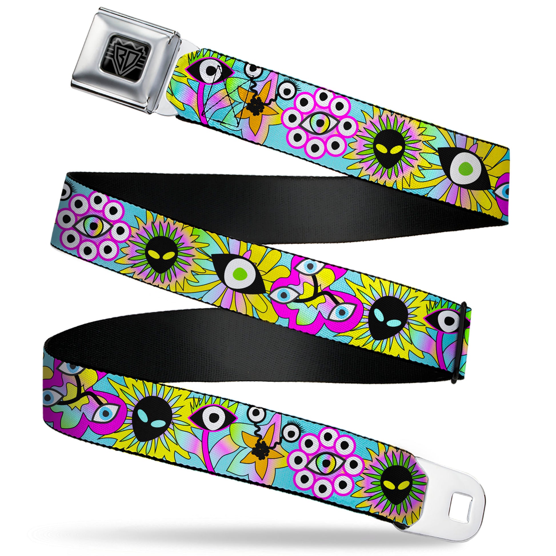 BD Wings Logo CLOSE-UP Black/Silver Seatbelt Belt - Funky Alien Flowers Aqua Blue/Multi Color Webbing Seatbelt Belts Buckle-Down