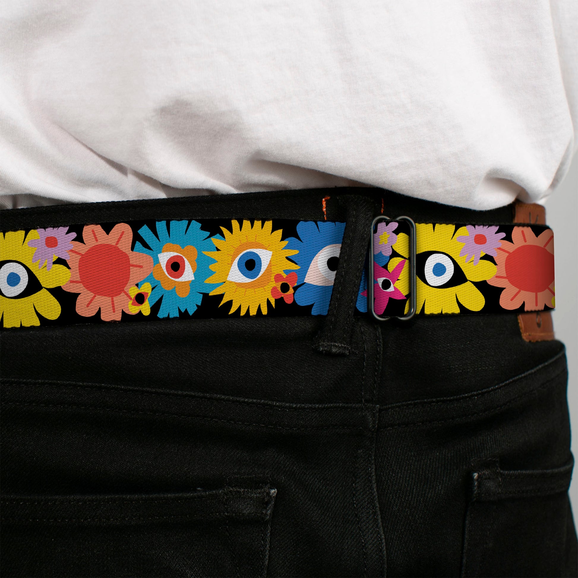 BD Wings Logo CLOSE-UP Black/Silver Seatbelt Belt - Funky Eye Flowers Black/Multi Color Webbing Seatbelt Belts Buckle-Down