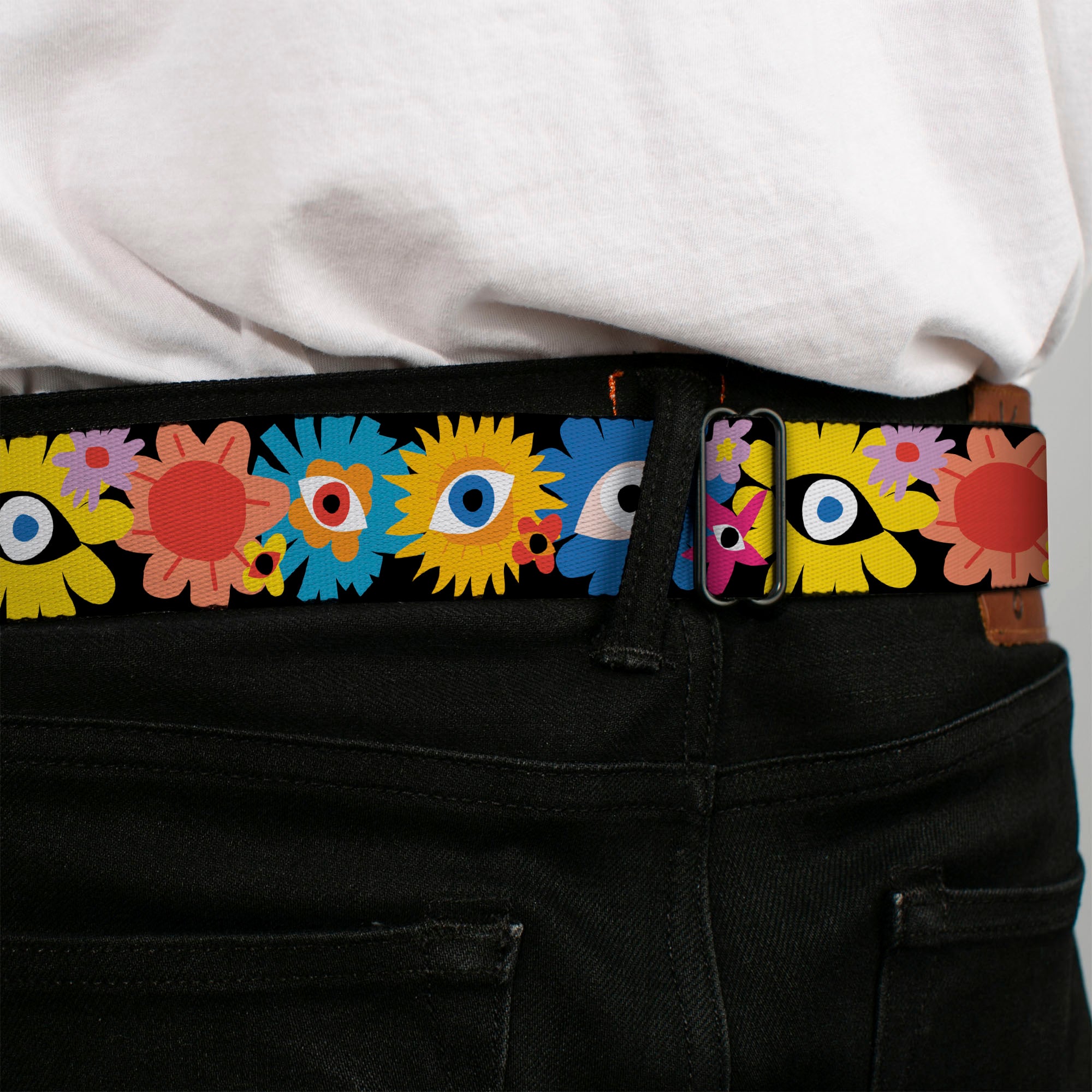 BD Wings Logo CLOSE-UP Black/Silver Seatbelt Belt - Funky Eye Flowers Black/Multi Color Webbing Seatbelt Belts Buckle-Down
