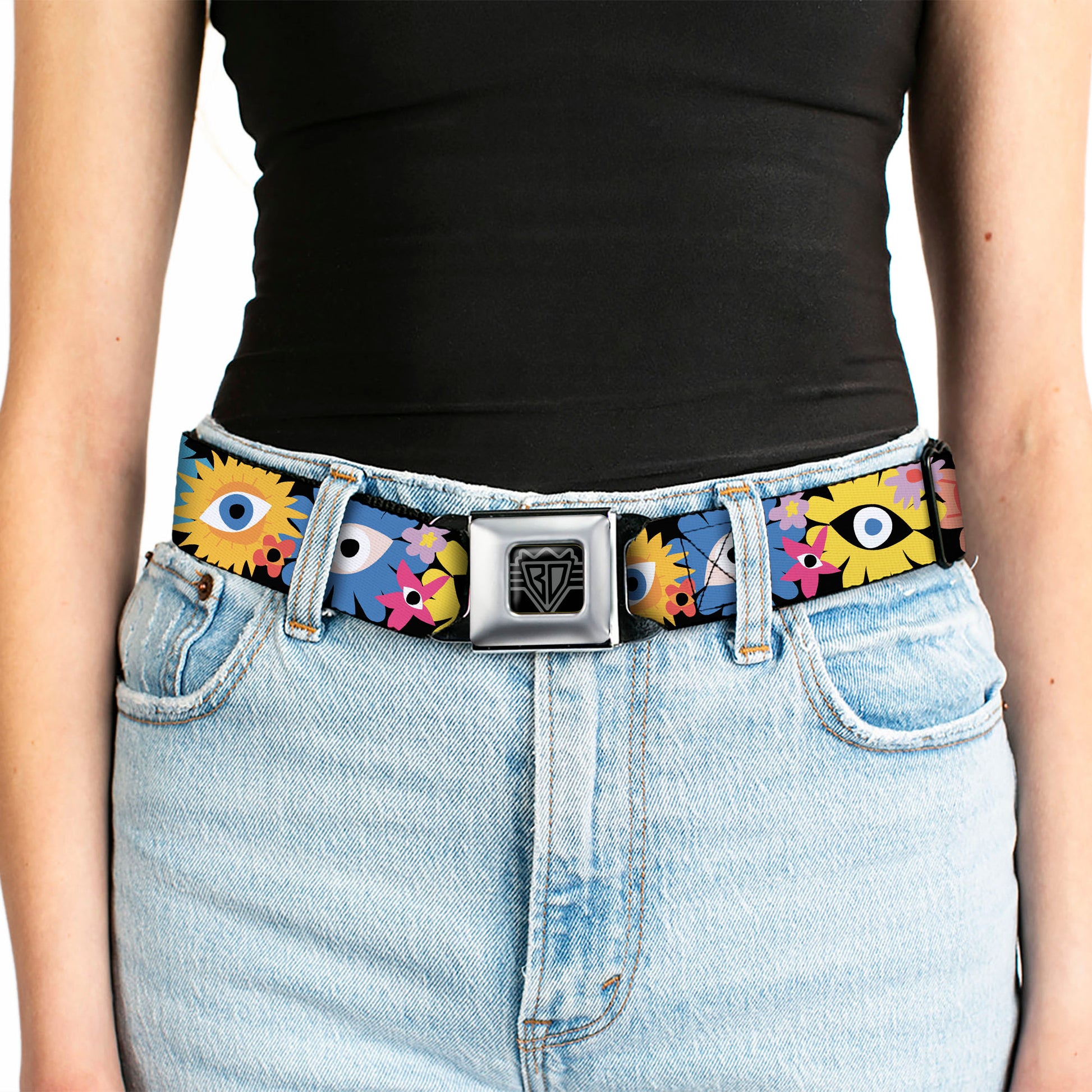 BD Wings Logo CLOSE-UP Black/Silver Seatbelt Belt - Funky Eye Flowers Black/Multi Color Webbing Seatbelt Belts Buckle-Down