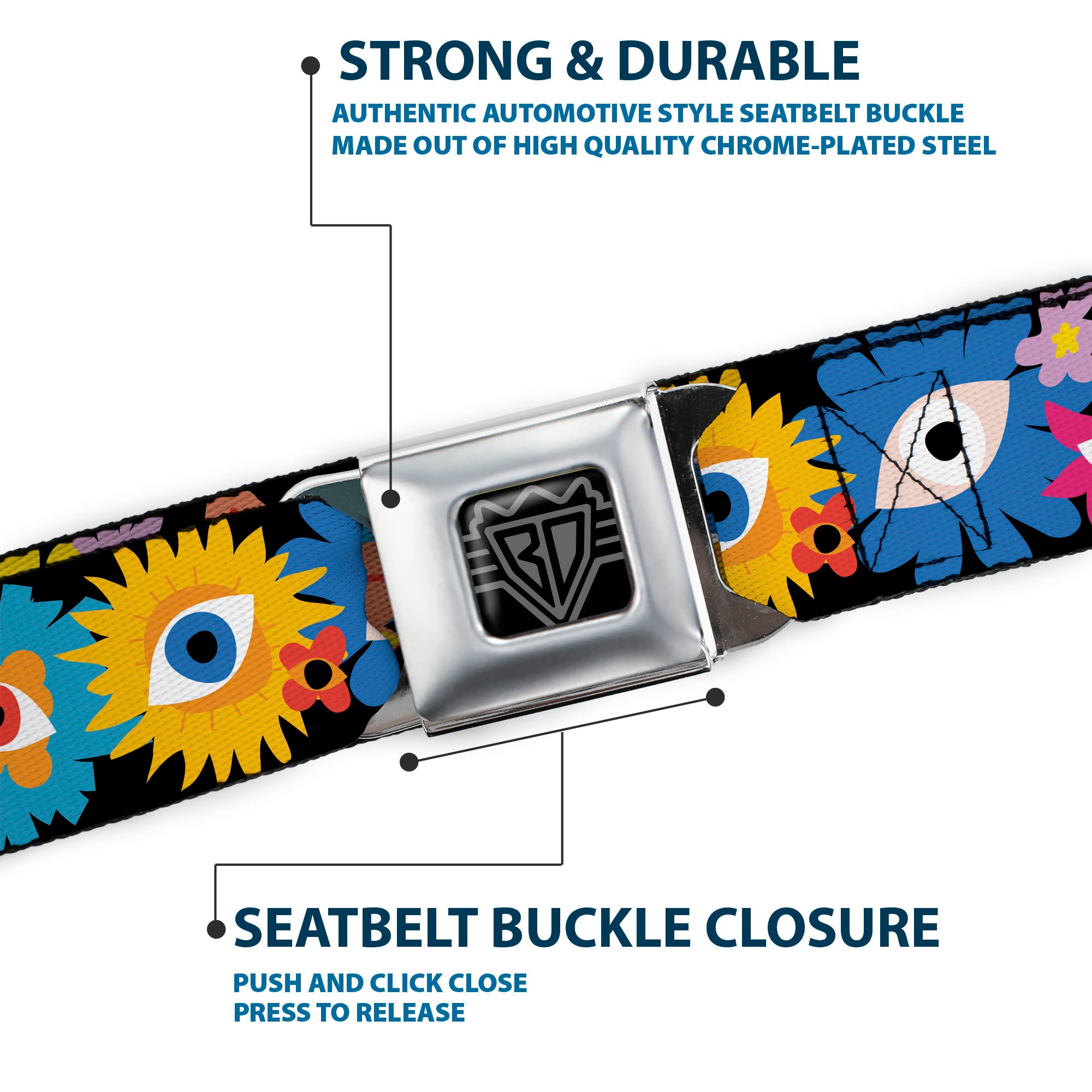 BD Wings Logo CLOSE-UP Black/Silver Seatbelt Belt - Funky Eye Flowers Black/Multi Color Webbing Seatbelt Belts Buckle-Down