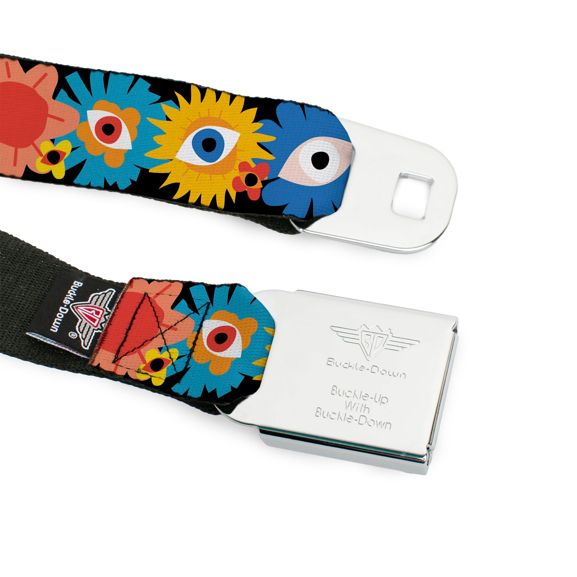 BD Wings Logo CLOSE-UP Black/Silver Seatbelt Belt - Funky Eye Flowers Black/Multi Color Webbing Seatbelt Belts Buckle-Down