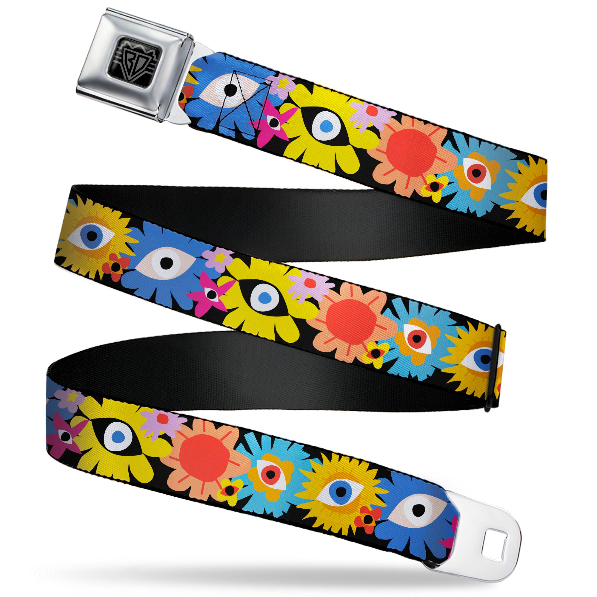 BD Wings Logo CLOSE-UP Black/Silver Seatbelt Belt - Funky Eye Flowers Black/Multi Color Webbing Seatbelt Belts Buckle-Down