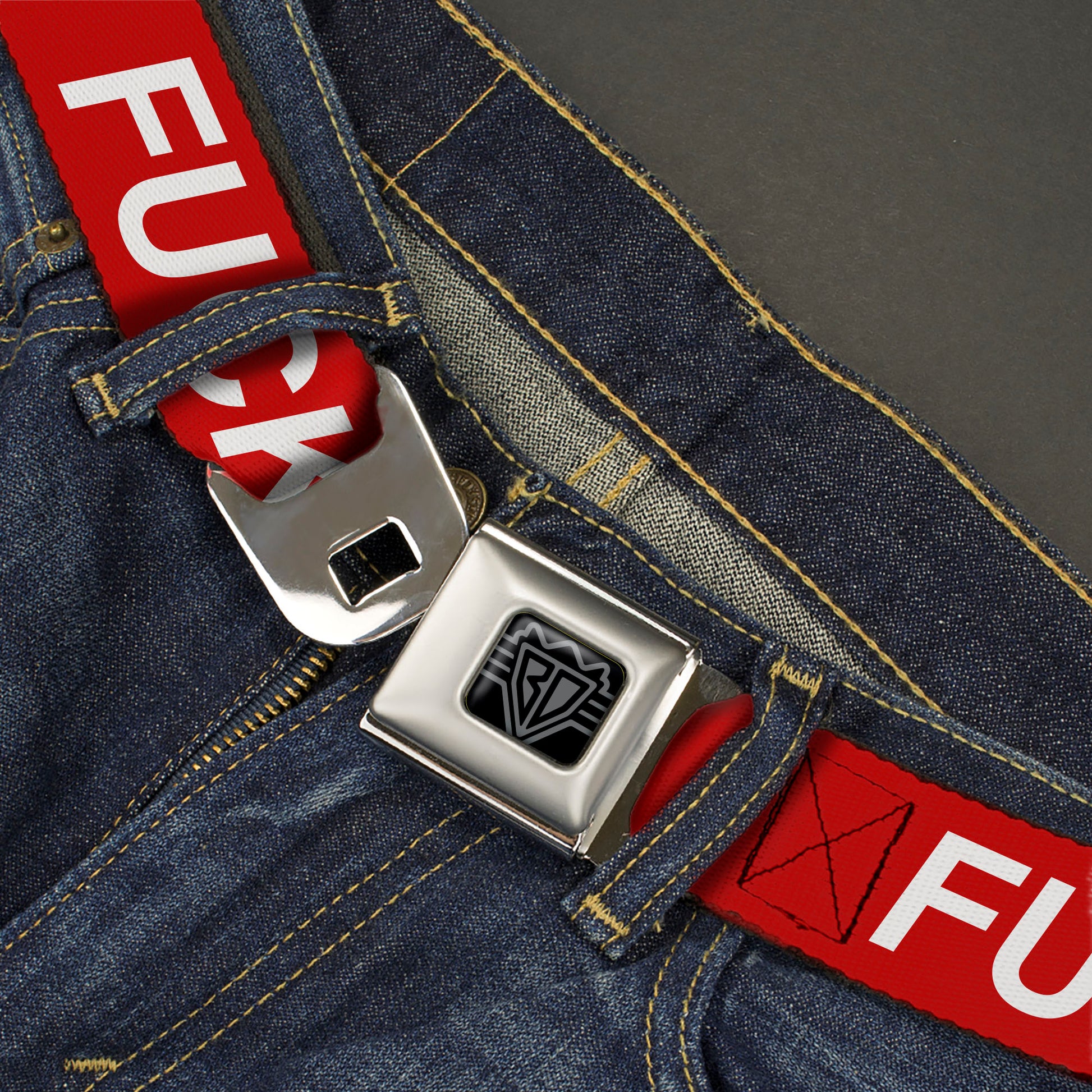 BD Wings Logo CLOSE-UP Black/Silver Seatbelt Belt - FUCK OFF Text Red/White Webbing Seatbelt Belts Buckle-Down