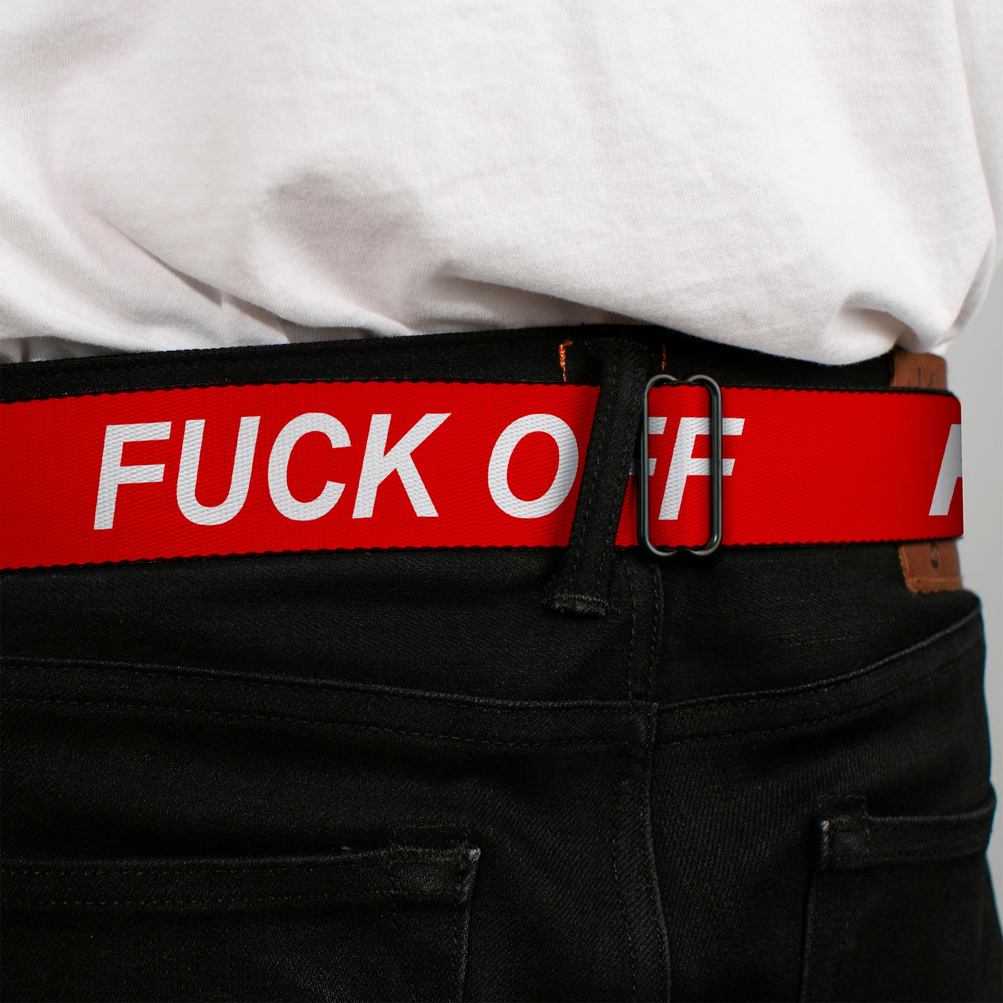 BD Wings Logo CLOSE-UP Black/Silver Seatbelt Belt - FUCK OFF Text Red/White Webbing Seatbelt Belts Buckle-Down