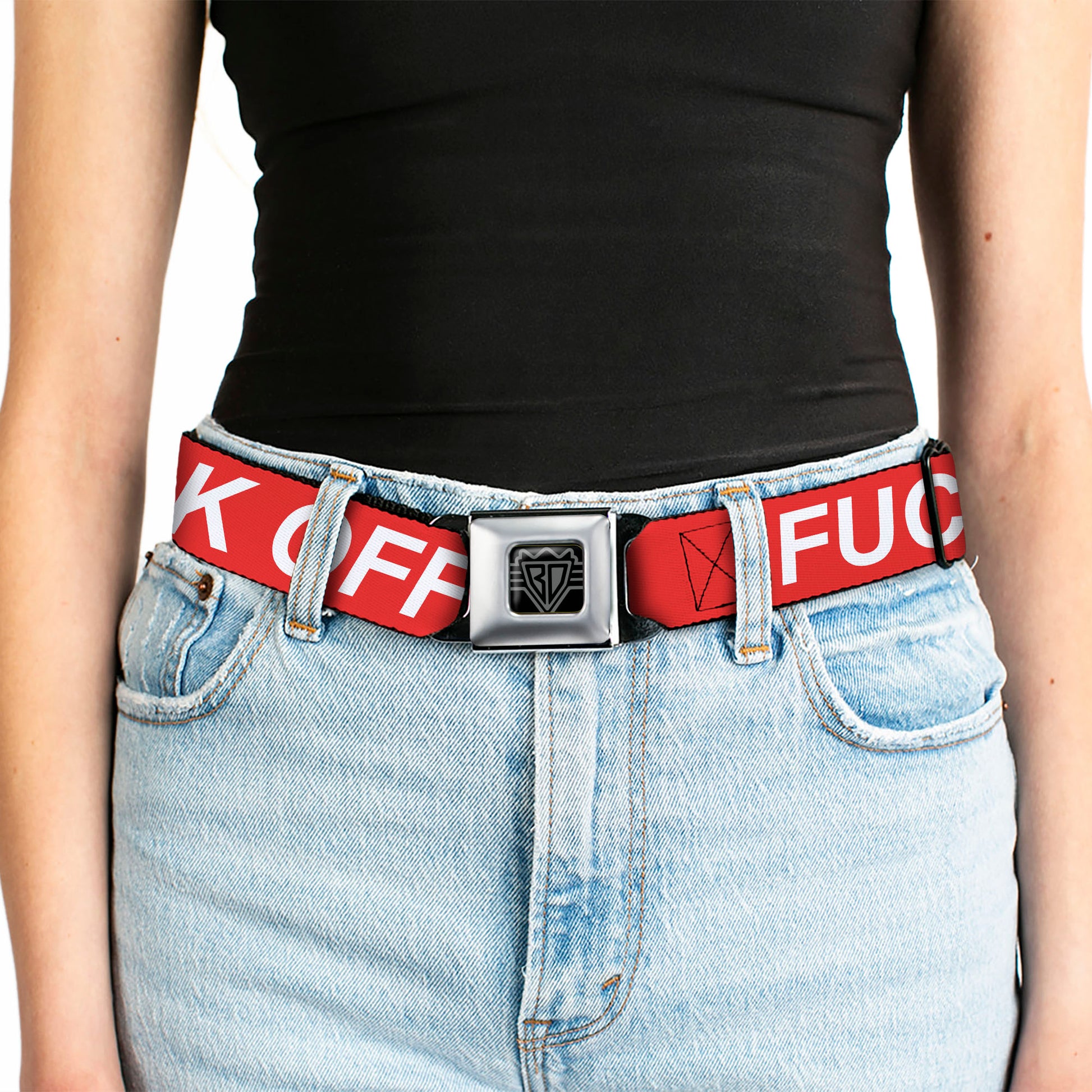 BD Wings Logo CLOSE-UP Black/Silver Seatbelt Belt - FUCK OFF Text Red/White Webbing Seatbelt Belts Buckle-Down