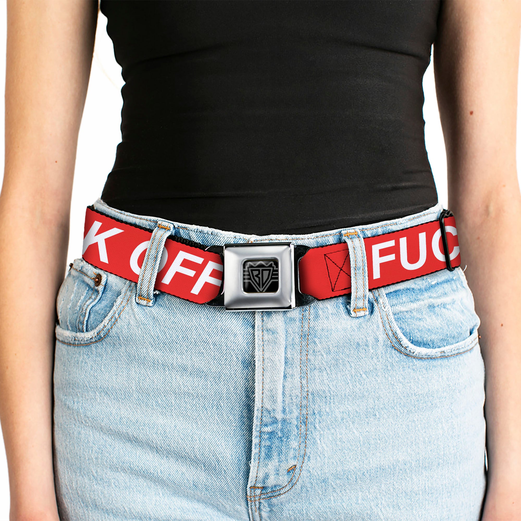 BD Wings Logo CLOSE-UP Black/Silver Seatbelt Belt - FUCK OFF Text Red/White Webbing Seatbelt Belts Buckle-Down