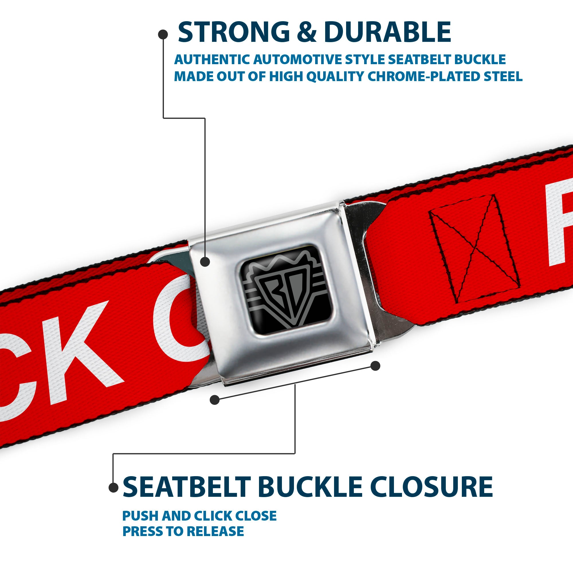 BD Wings Logo CLOSE-UP Black/Silver Seatbelt Belt - FUCK OFF Text Red/White Webbing Seatbelt Belts Buckle-Down