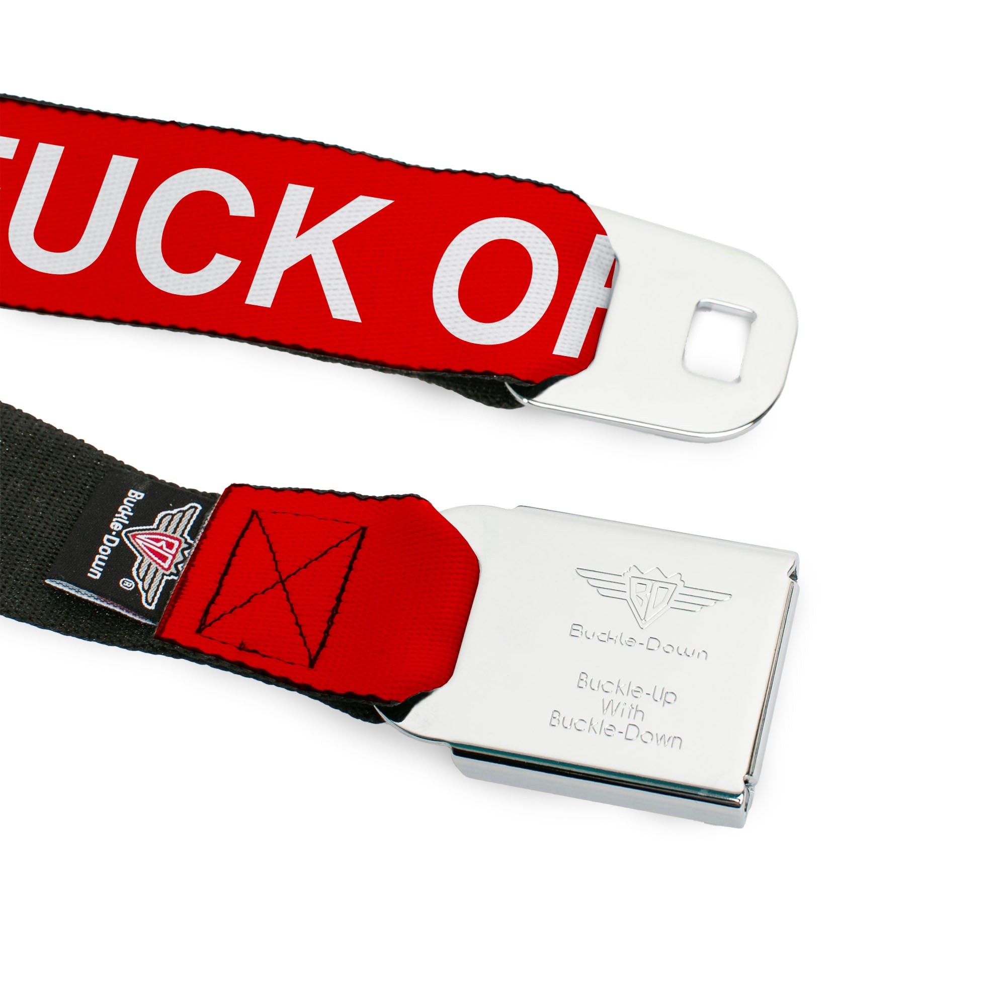 BD Wings Logo CLOSE-UP Black/Silver Seatbelt Belt - FUCK OFF Text Red/White Webbing Seatbelt Belts Buckle-Down