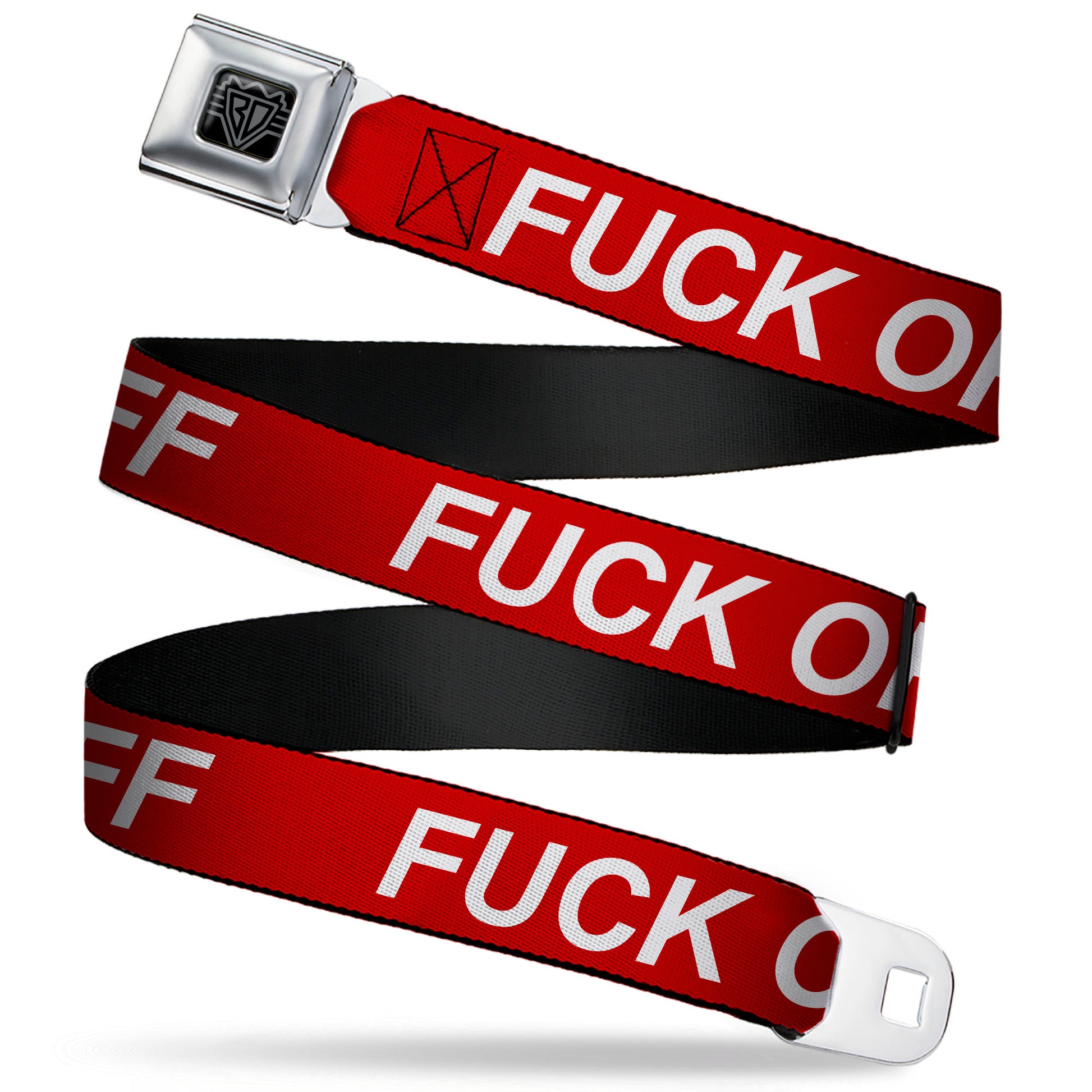 BD Wings Logo CLOSE-UP Black/Silver Seatbelt Belt - FUCK OFF Text Red/White Webbing Seatbelt Belts Buckle-Down