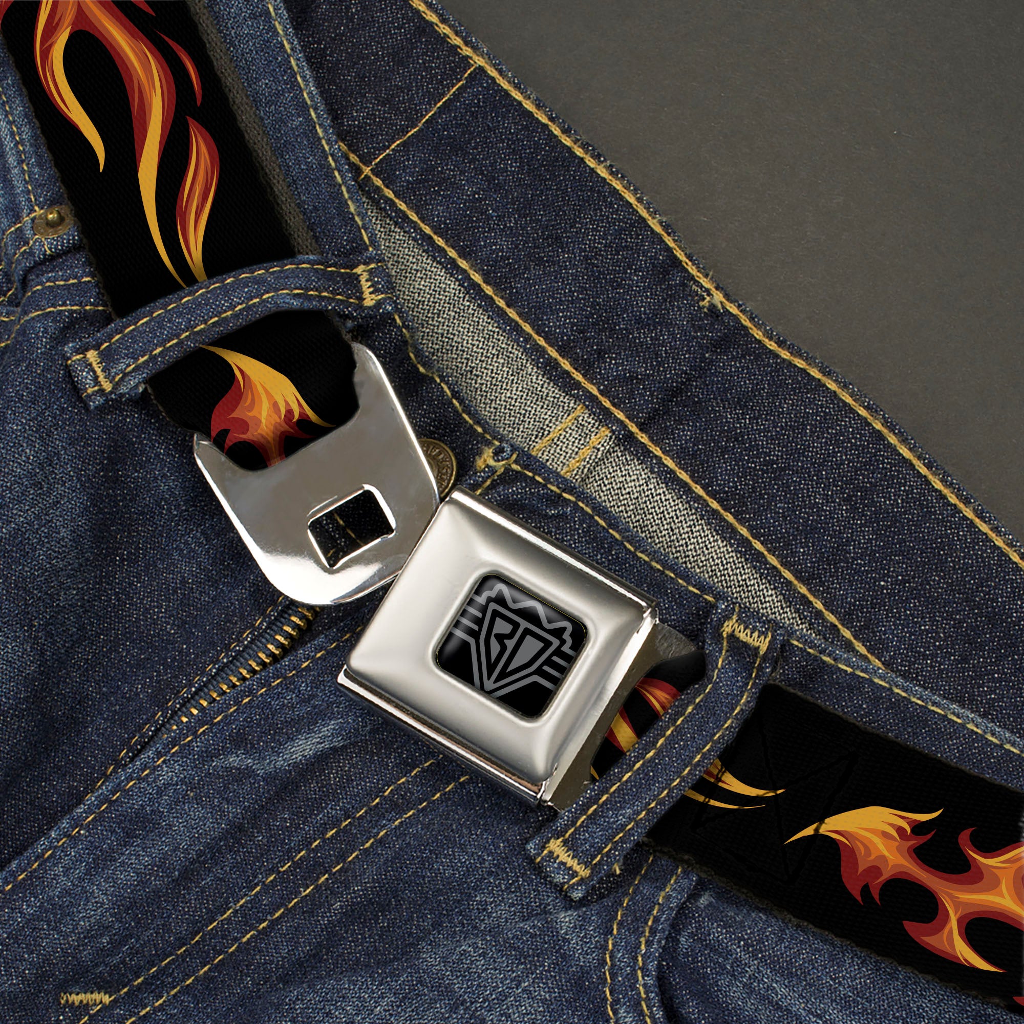 BD Wings Logo CLOSE-UP Black/Silver Seatbelt Belt - Flames Horizontal Black/Red/Orange/Yellow Webbing Seatbelt Belts Buckle-Down