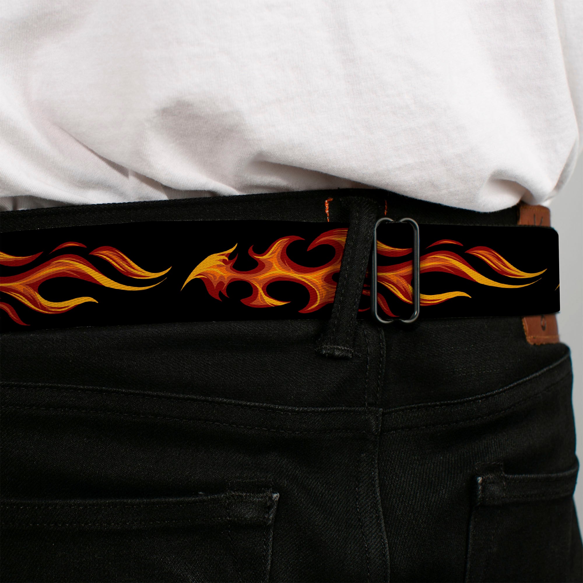 BD Wings Logo CLOSE-UP Black/Silver Seatbelt Belt - Flames Horizontal Black/Red/Orange/Yellow Webbing Seatbelt Belts Buckle-Down