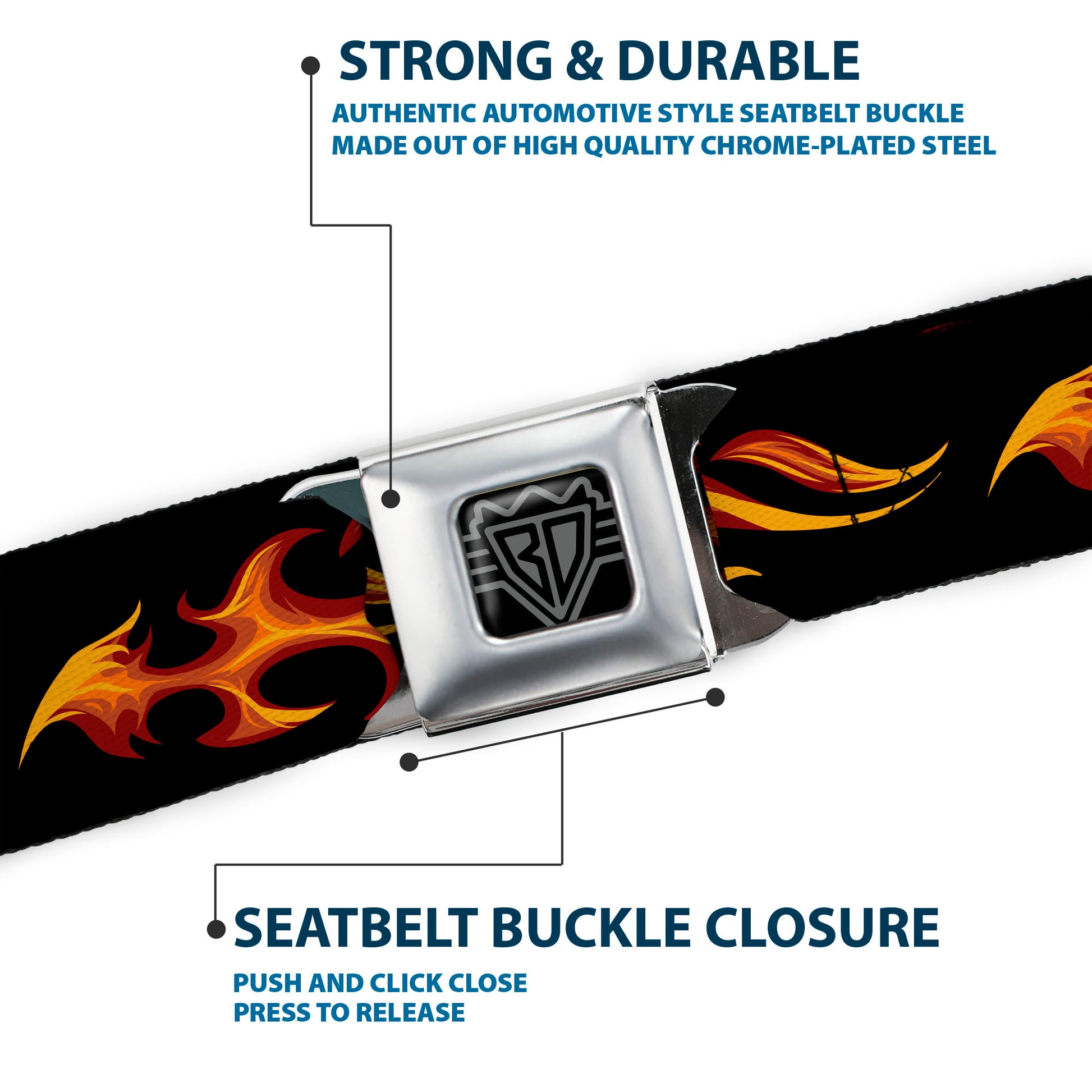 BD Wings Logo CLOSE-UP Black/Silver Seatbelt Belt - Flames Horizontal Black/Red/Orange/Yellow Webbing Seatbelt Belts Buckle-Down