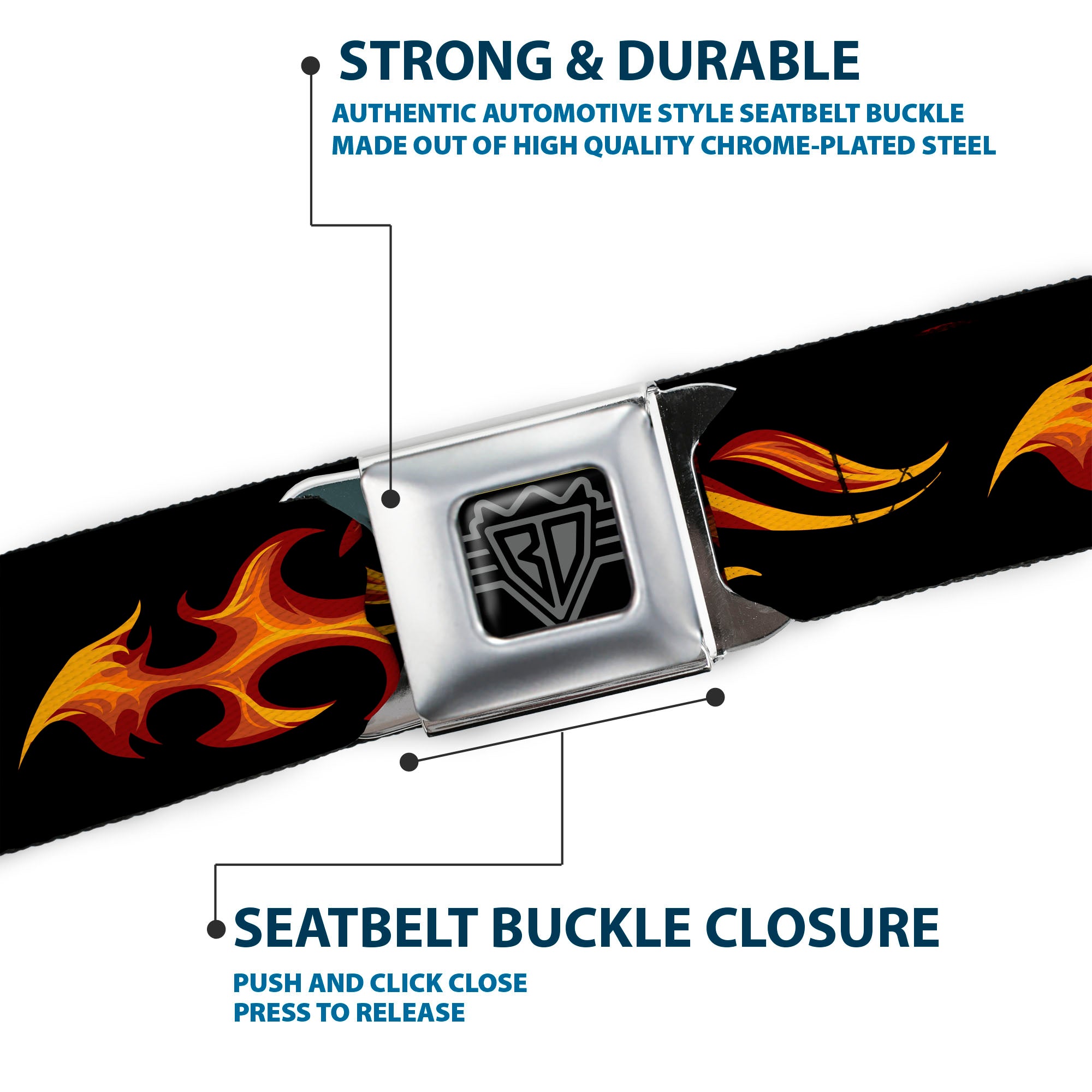 BD Wings Logo CLOSE-UP Black/Silver Seatbelt Belt - Flames Horizontal Black/Red/Orange/Yellow Webbing Seatbelt Belts Buckle-Down