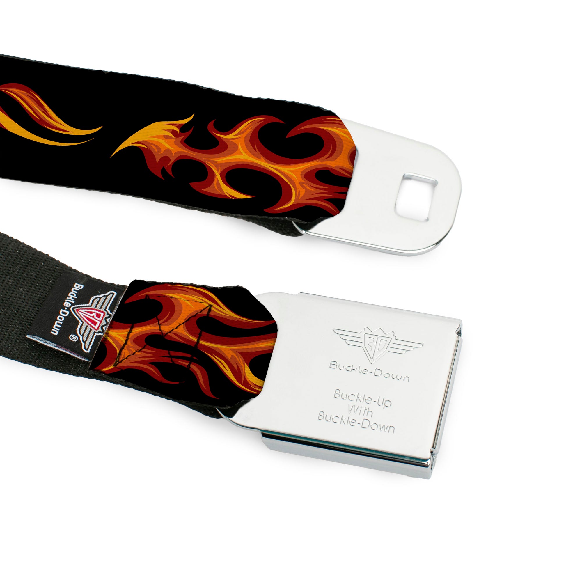 BD Wings Logo CLOSE-UP Black/Silver Seatbelt Belt - Flames Horizontal Black/Red/Orange/Yellow Webbing Seatbelt Belts Buckle-Down