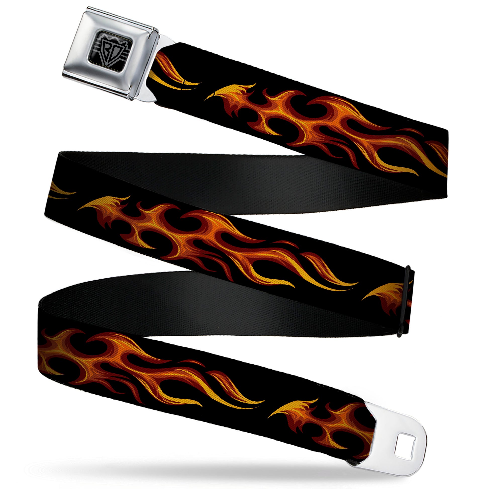 BD Wings Logo CLOSE-UP Black/Silver Seatbelt Belt - Flames Horizontal Black/Red/Orange/Yellow Webbing Seatbelt Belts Buckle-Down
