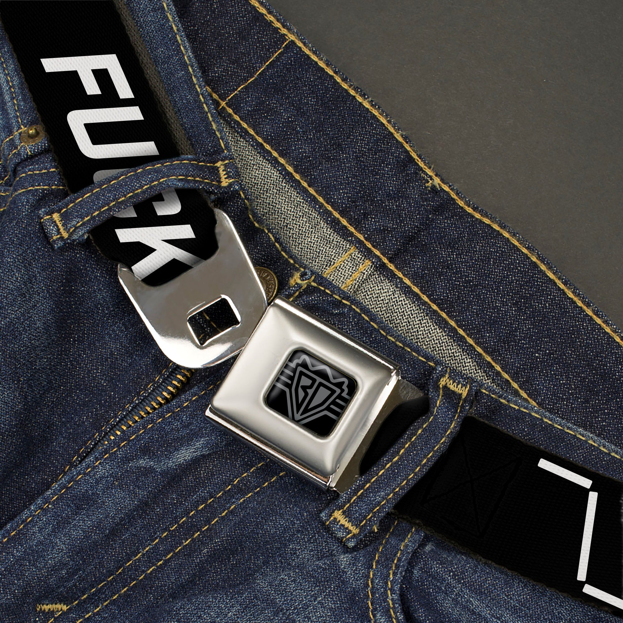 BD Wings Logo CLOSE-UP Black/Silver Seatbelt Belt - FUCK IT Symbols Text Black/White Webbing Seatbelt Belts Buckle-Down