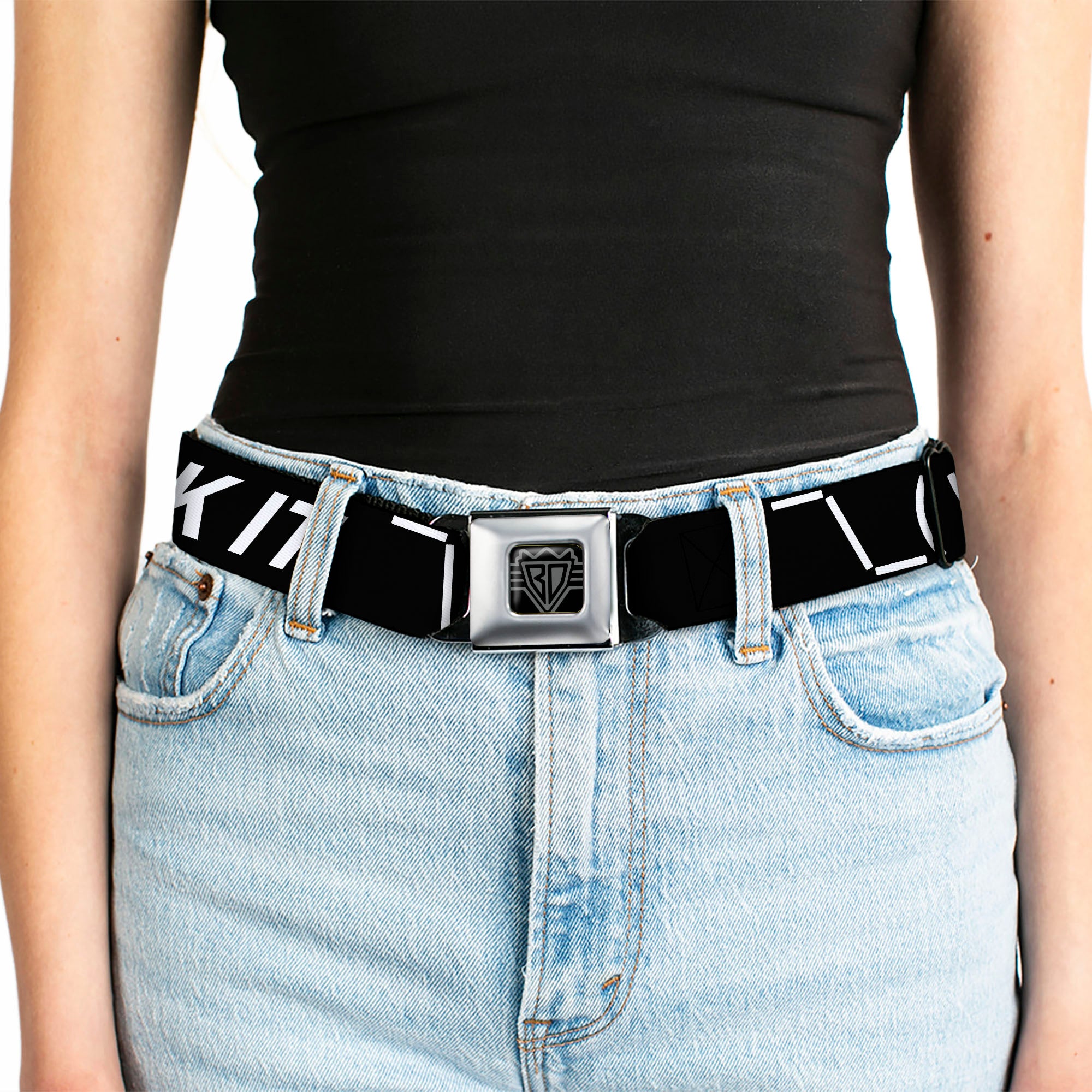 BD Wings Logo CLOSE-UP Black/Silver Seatbelt Belt - FUCK IT Symbols Text Black/White Webbing Seatbelt Belts Buckle-Down