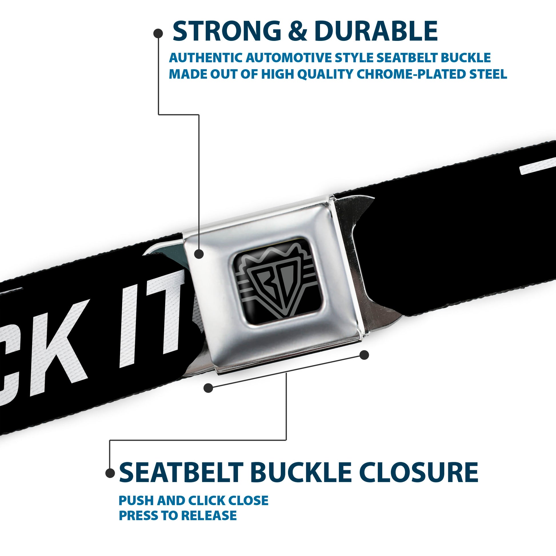 BD Wings Logo CLOSE-UP Black/Silver Seatbelt Belt - FUCK IT Symbols Text Black/White Webbing Seatbelt Belts Buckle-Down