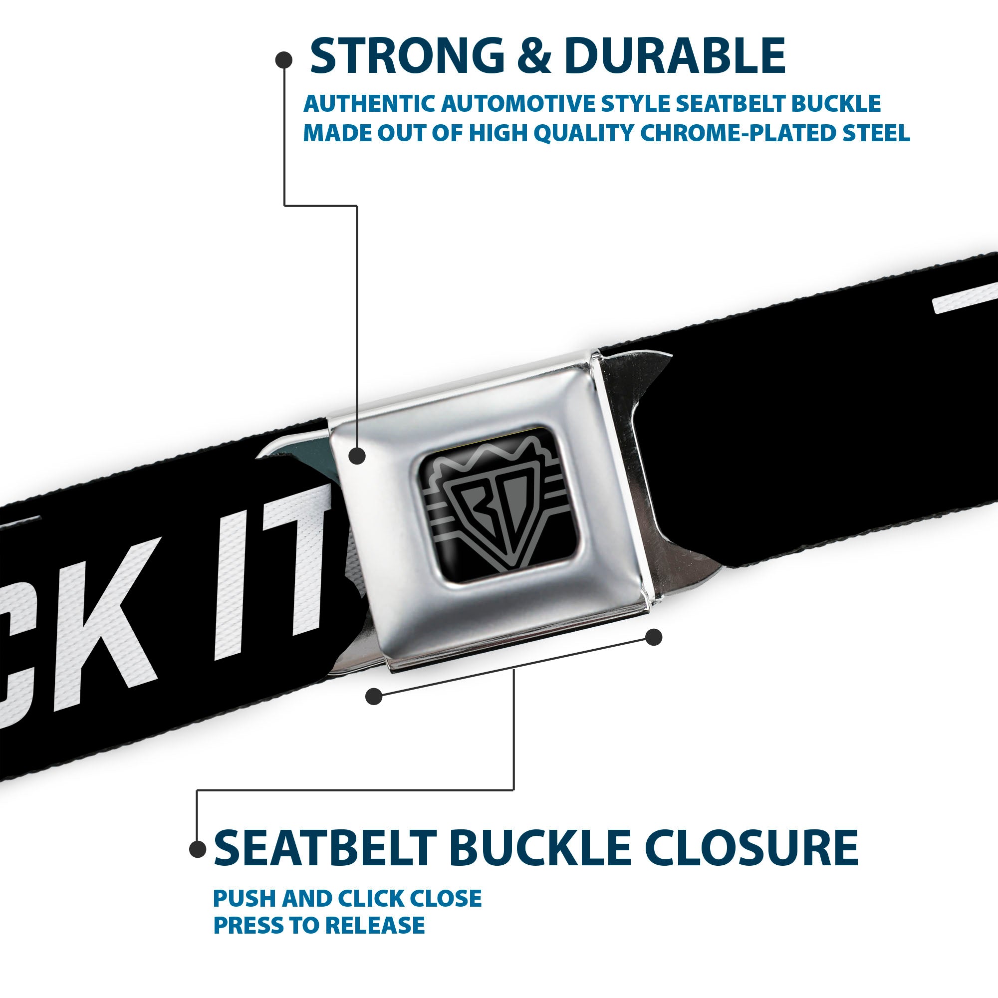 BD Wings Logo CLOSE-UP Black/Silver Seatbelt Belt - FUCK IT Symbols Text Black/White Webbing Seatbelt Belts Buckle-Down