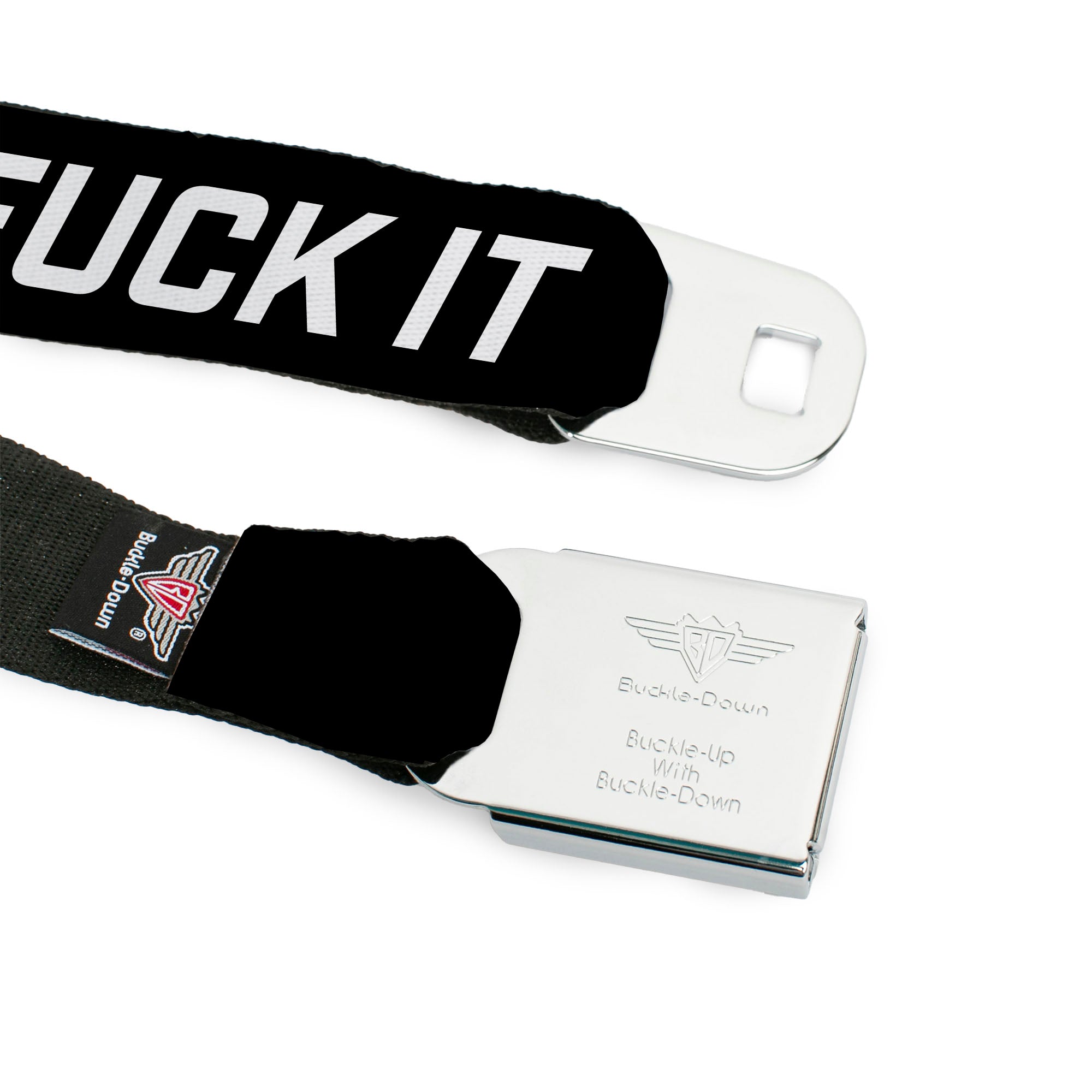 BD Wings Logo CLOSE-UP Black/Silver Seatbelt Belt - FUCK IT Symbols Text Black/White Webbing Seatbelt Belts Buckle-Down
