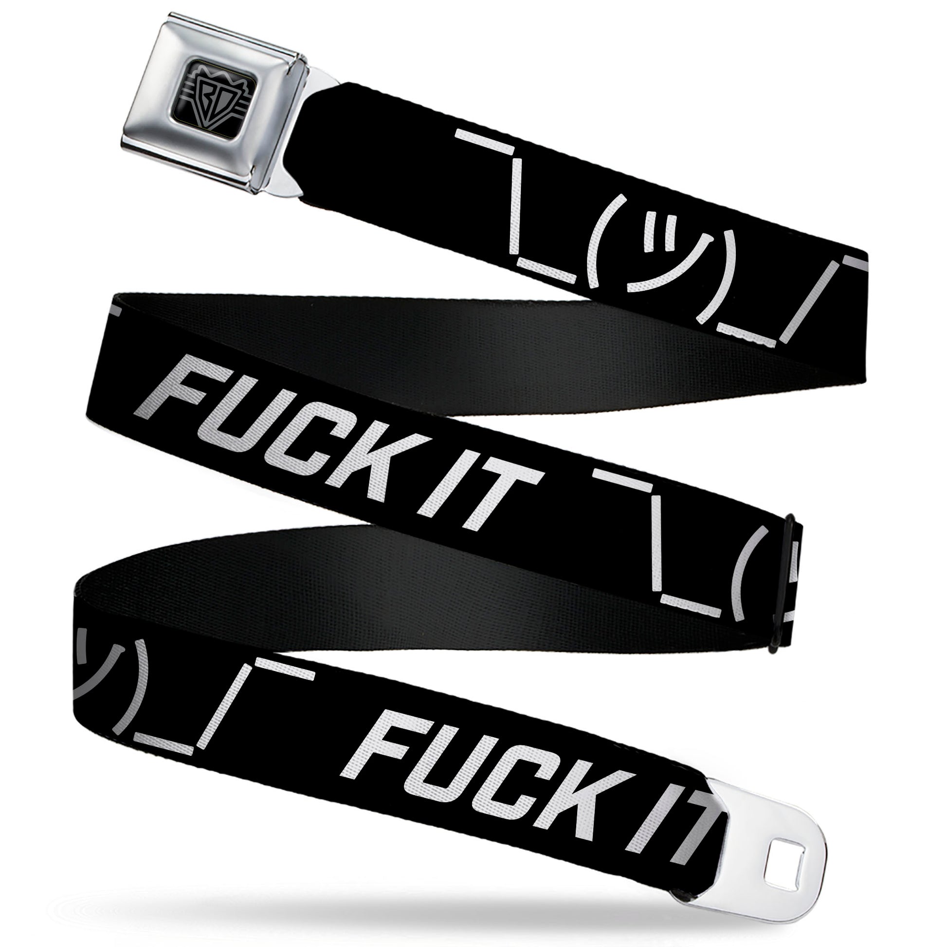 BD Wings Logo CLOSE-UP Black/Silver Seatbelt Belt - FUCK IT Symbols Text Black/White Webbing Seatbelt Belts Buckle-Down