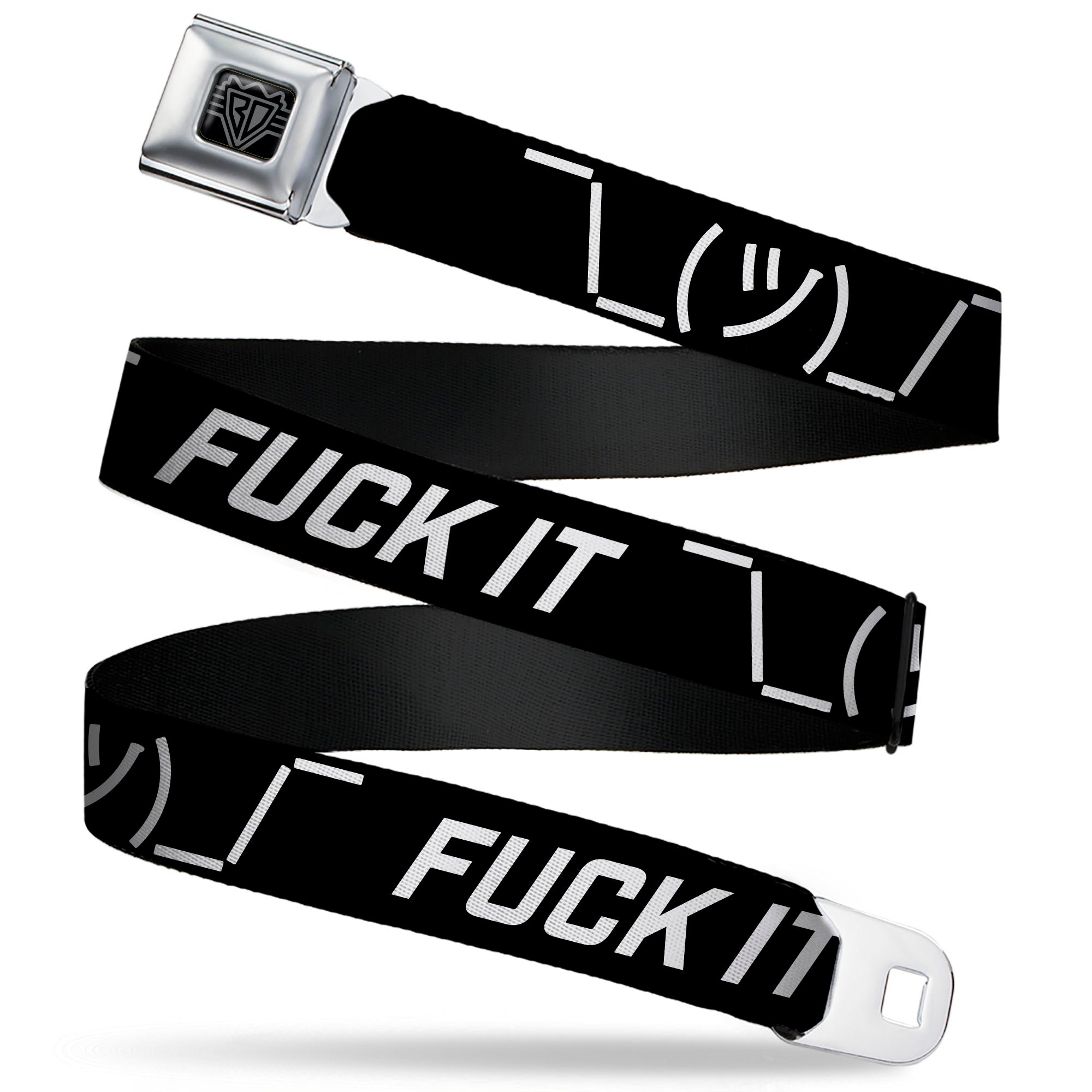 BD Wings Logo CLOSE-UP Black/Silver Seatbelt Belt - FUCK IT Symbols Text Black/White Webbing Seatbelt Belts Buckle-Down