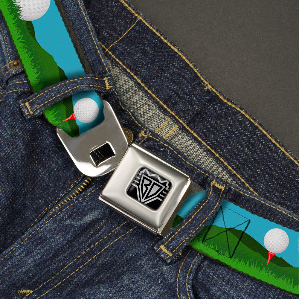 BD Wings Logo CLOSE-UP Full Color Black Silver Seatbelt Belt - Golf Course/Balls/Holes Blues/Greens Webbing Seatbelt Belts Buckle-Down