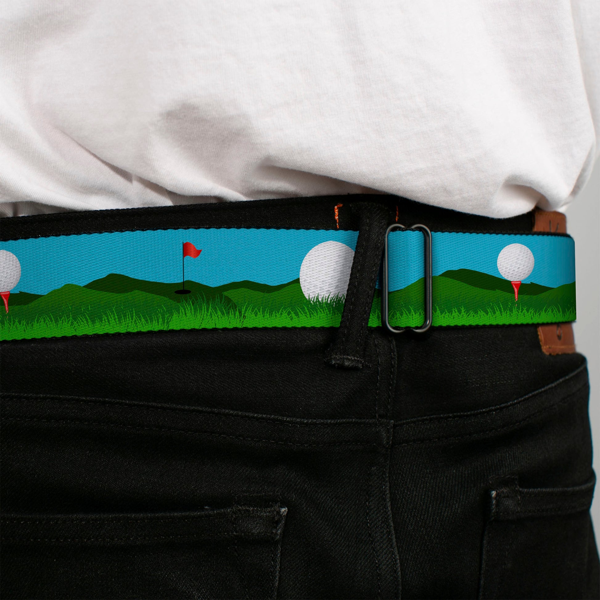 BD Wings Logo CLOSE-UP Full Color Black Silver Seatbelt Belt - Golf Course/Balls/Holes Blues/Greens Webbing Seatbelt Belts Buckle-Down