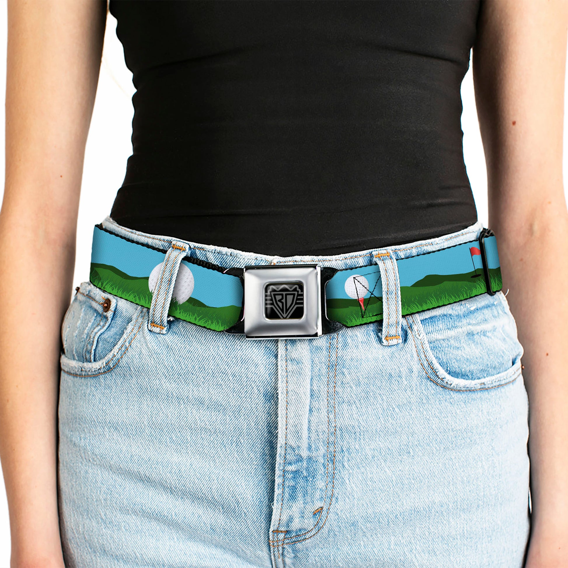 BD Wings Logo CLOSE-UP Full Color Black Silver Seatbelt Belt - Golf Course/Balls/Holes Blues/Greens Webbing Seatbelt Belts Buckle-Down