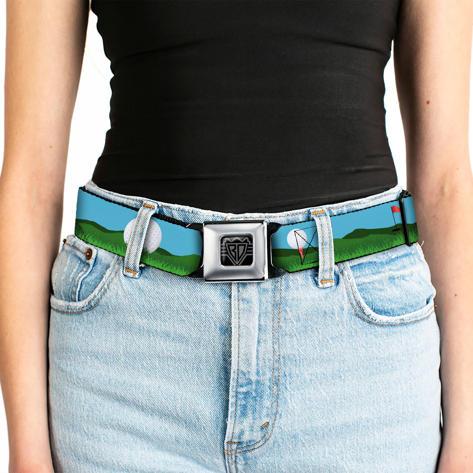 BD Wings Logo CLOSE-UP Full Color Black Silver Seatbelt Belt - Golf Course/Balls/Holes Blues/Greens Webbing Seatbelt Belts Buckle-Down