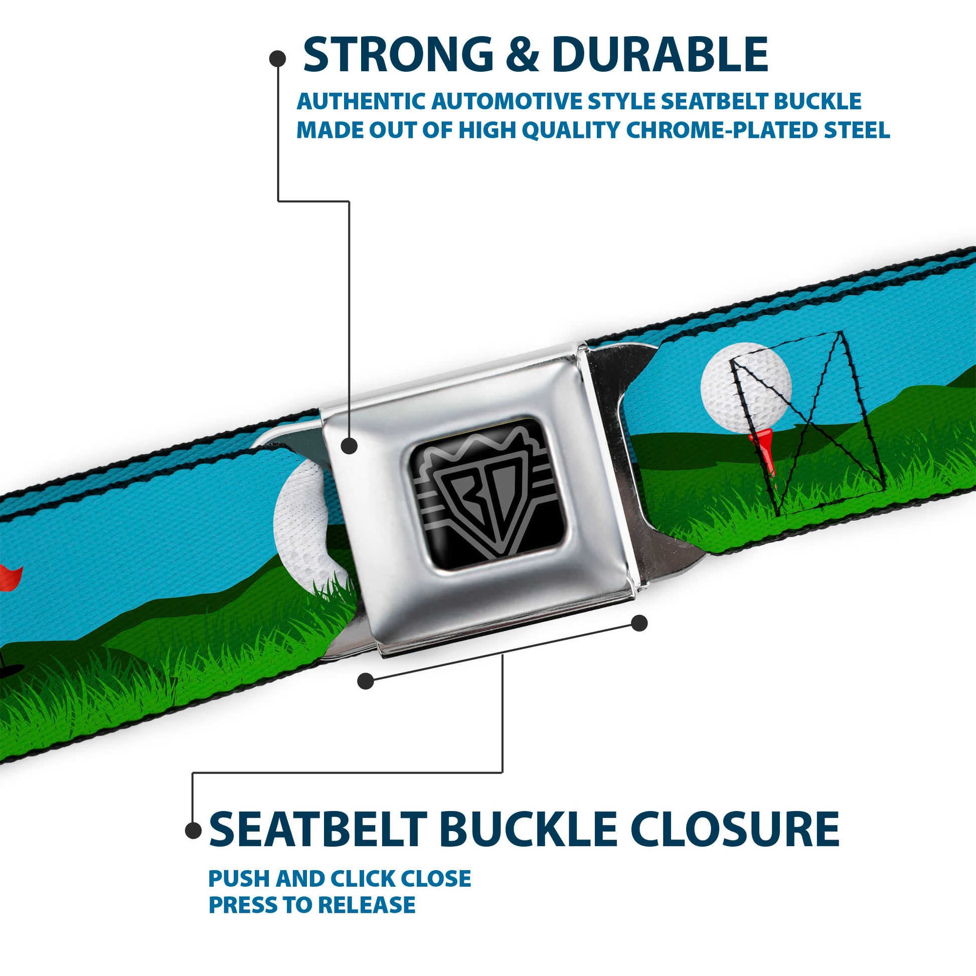 BD Wings Logo CLOSE-UP Full Color Black Silver Seatbelt Belt - Golf Course/Balls/Holes Blues/Greens Webbing Seatbelt Belts Buckle-Down