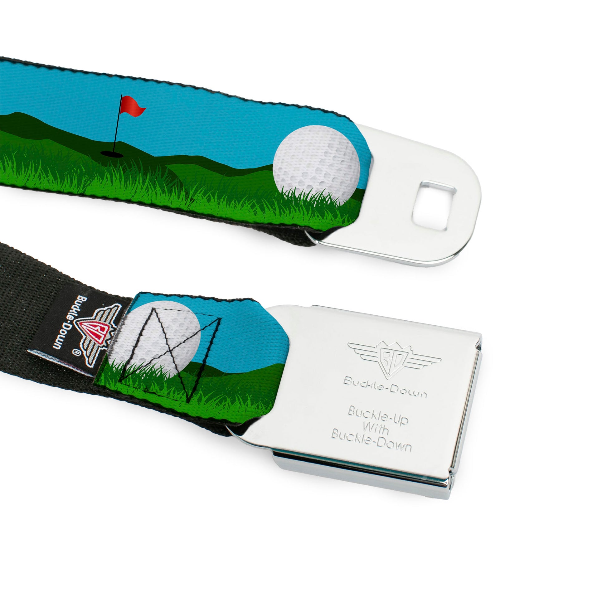 BD Wings Logo CLOSE-UP Full Color Black Silver Seatbelt Belt - Golf Course/Balls/Holes Blues/Greens Webbing Seatbelt Belts Buckle-Down