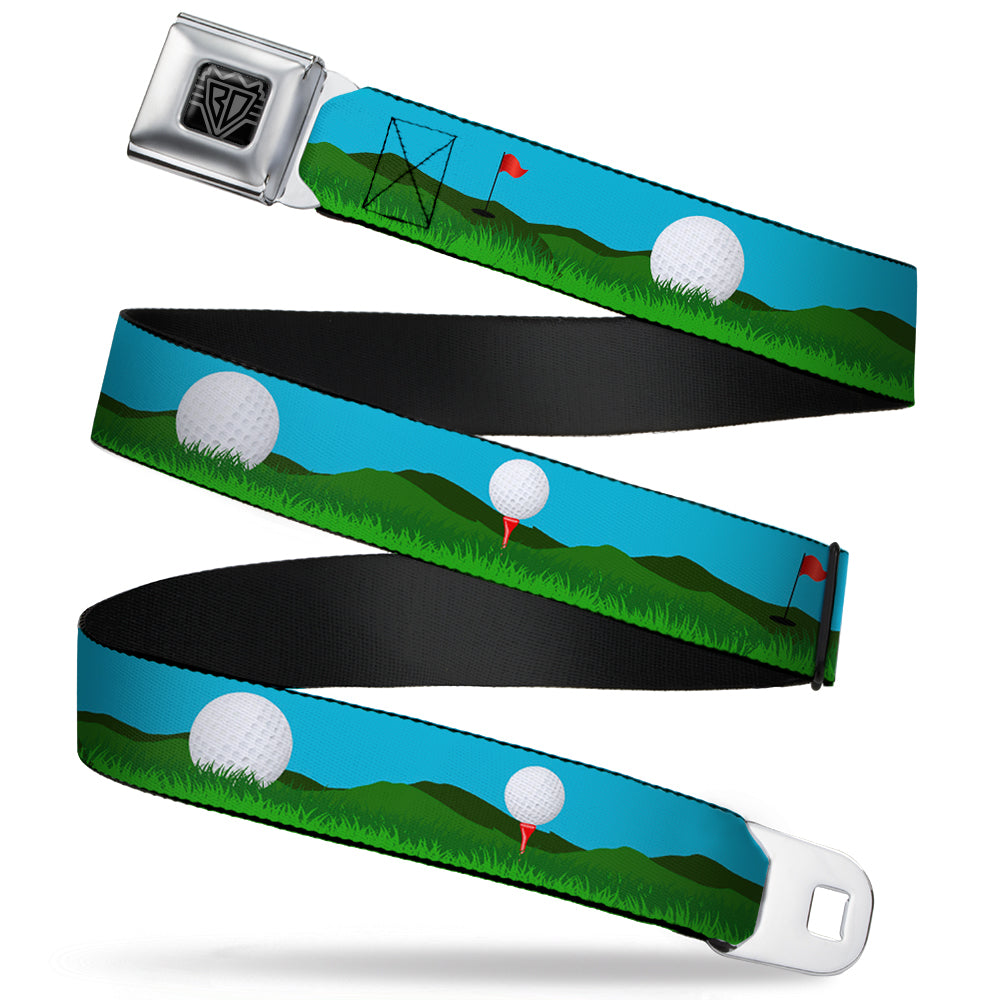 BD Wings Logo CLOSE-UP Full Color Black Silver Seatbelt Belt - Golf Course/Balls/Holes Blues/Greens Webbing Seatbelt Belts Buckle-Down