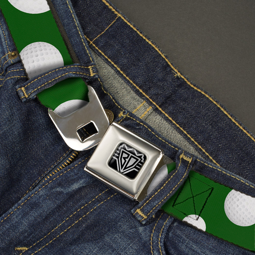 BD Wings Logo CLOSE-UP Full Color Black Silver Seatbelt Belt - Golf Balls Scattered Green/White Webbing Seatbelt Belts Buckle-Down