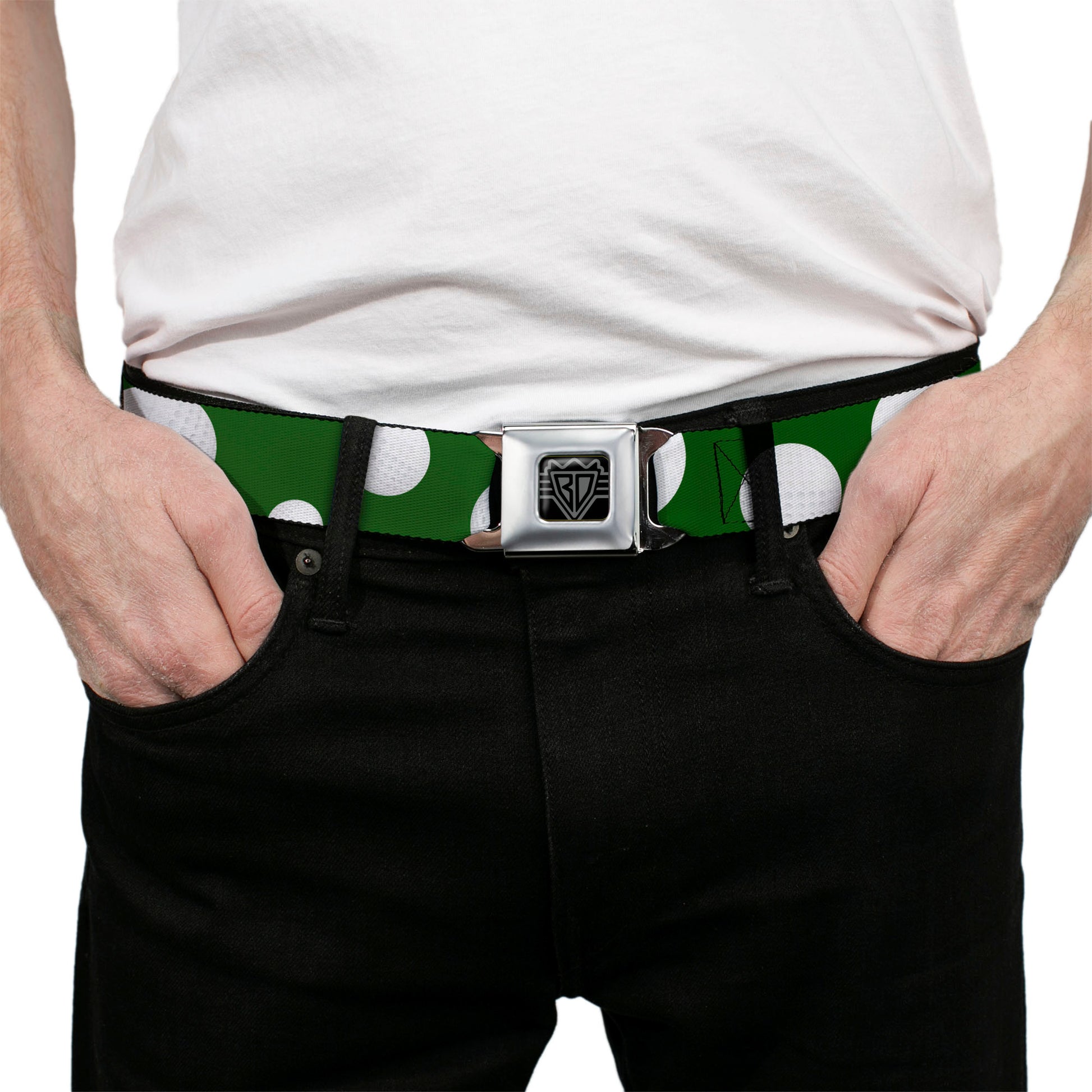 BD Wings Logo CLOSE-UP Full Color Black Silver Seatbelt Belt - Golf Balls Scattered Green/White Webbing Seatbelt Belts Buckle-Down